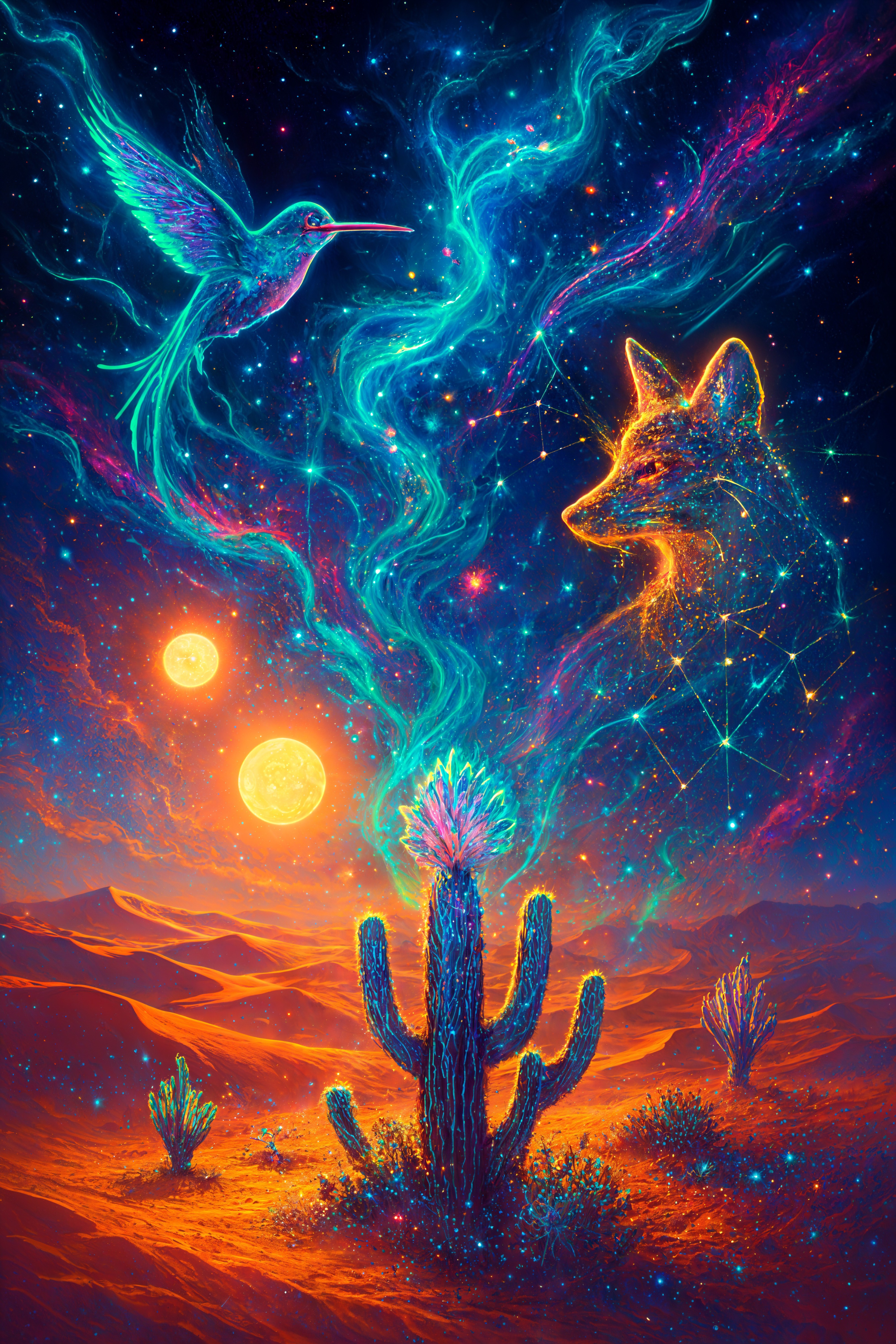 Vibrant cosmic landscape with glowing cactus and suns
