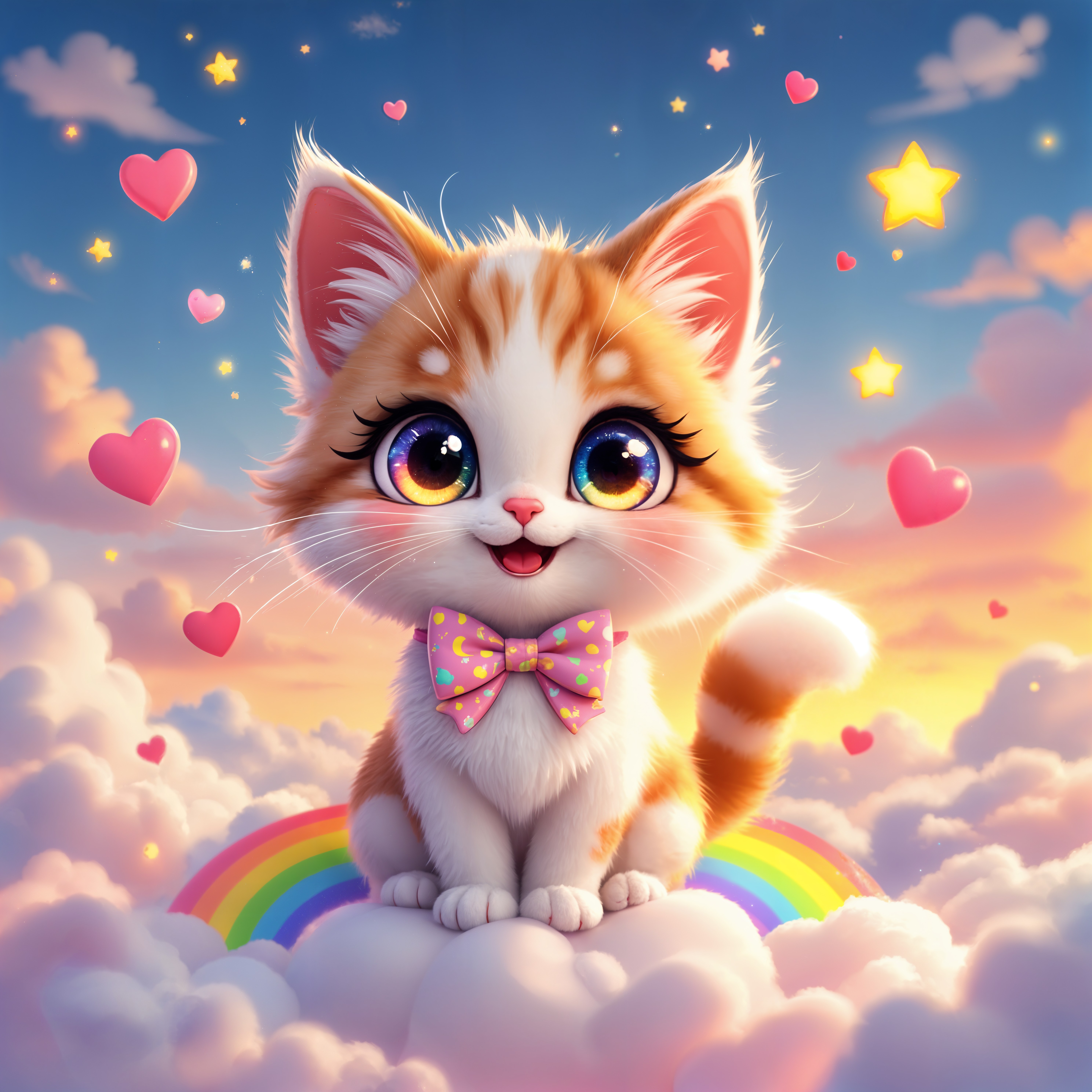 Fluffy Orange and White Kitten on a Cloud with Hearts