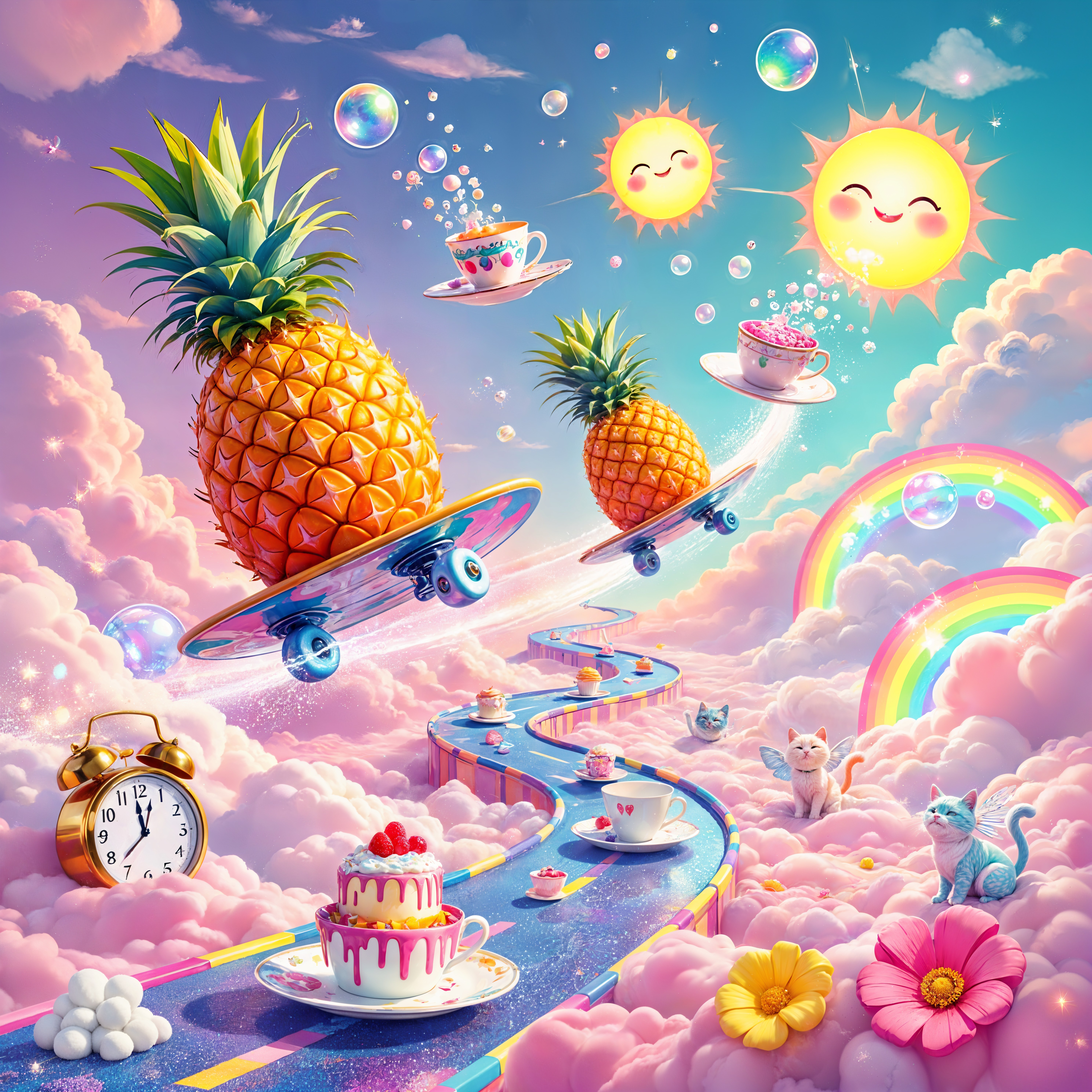 Whimsical Landscape with Colorful Clouds and Kittens