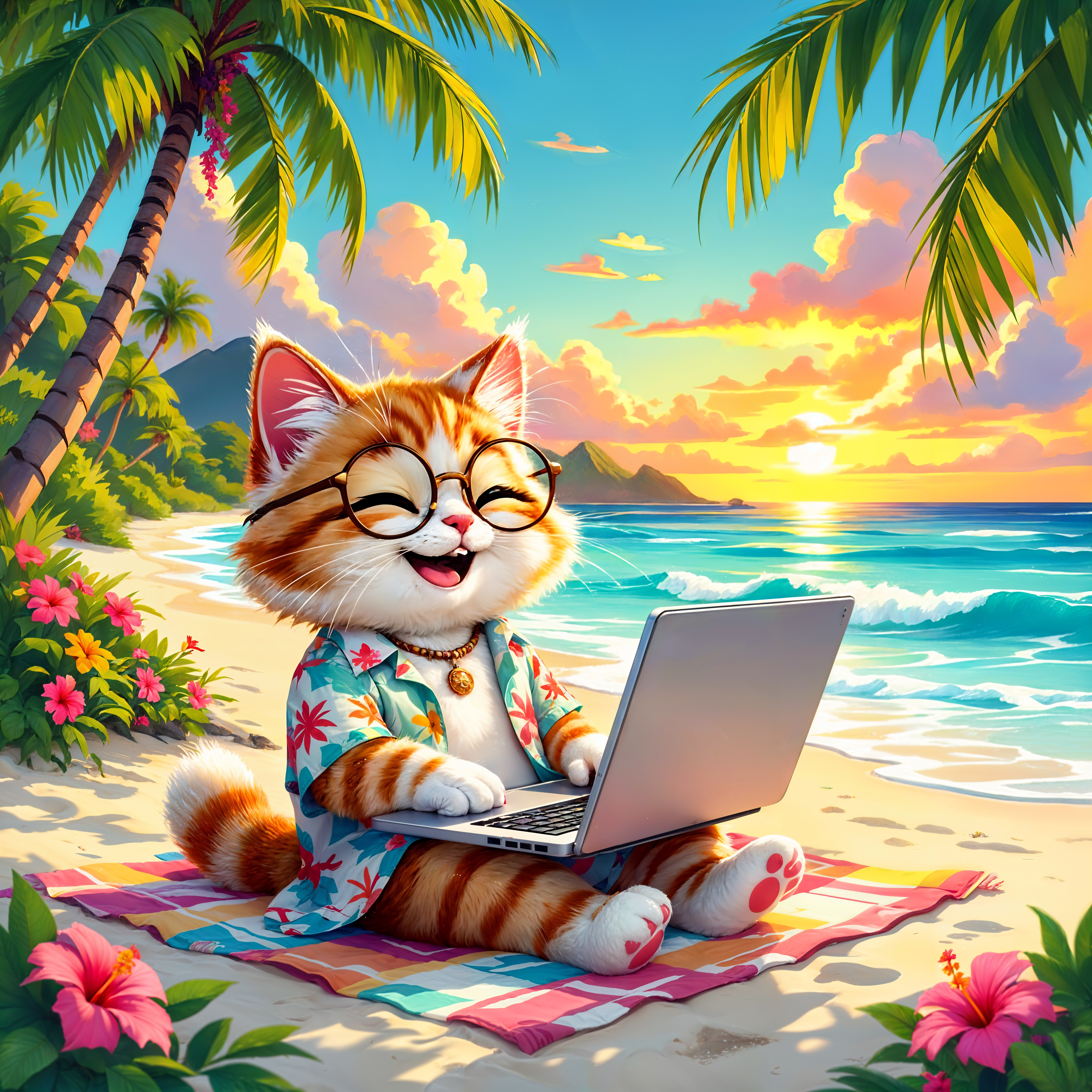 Whimsical Cat in Hawaiian Shirt at Sunset Beach
