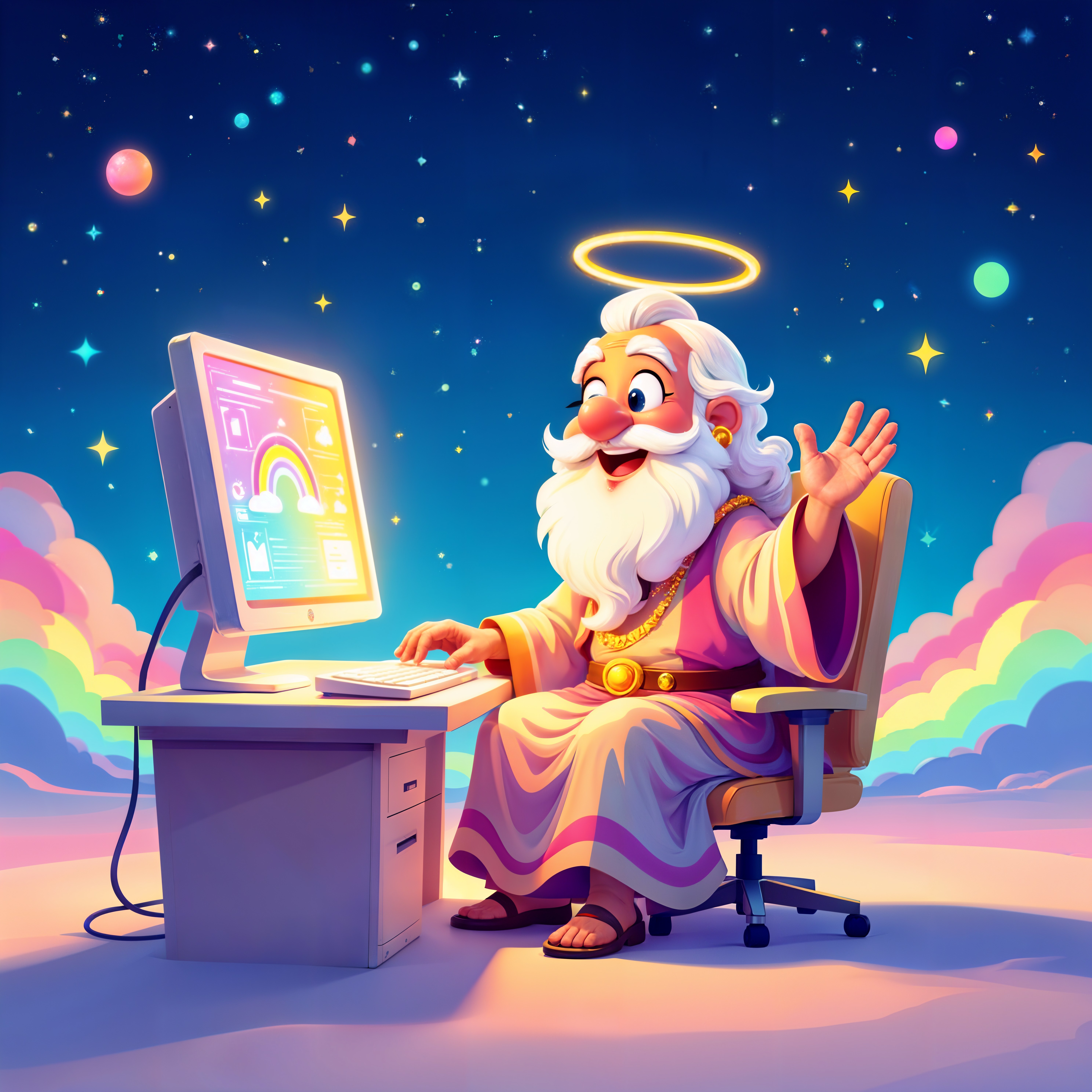 Benevolent Figure at Computer in Colorful Sky Scene