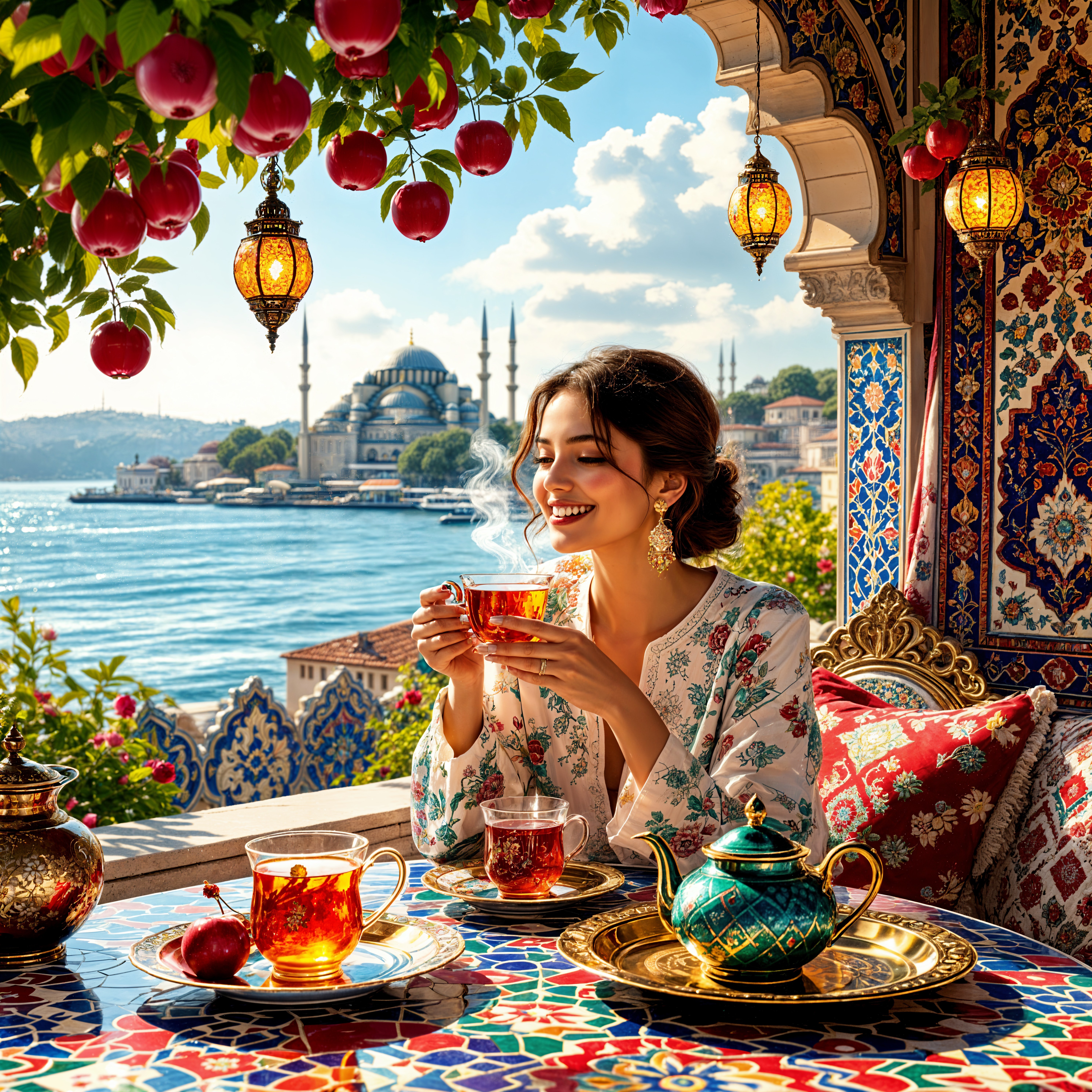 Woman on terrace with tea overlooking serene waterway