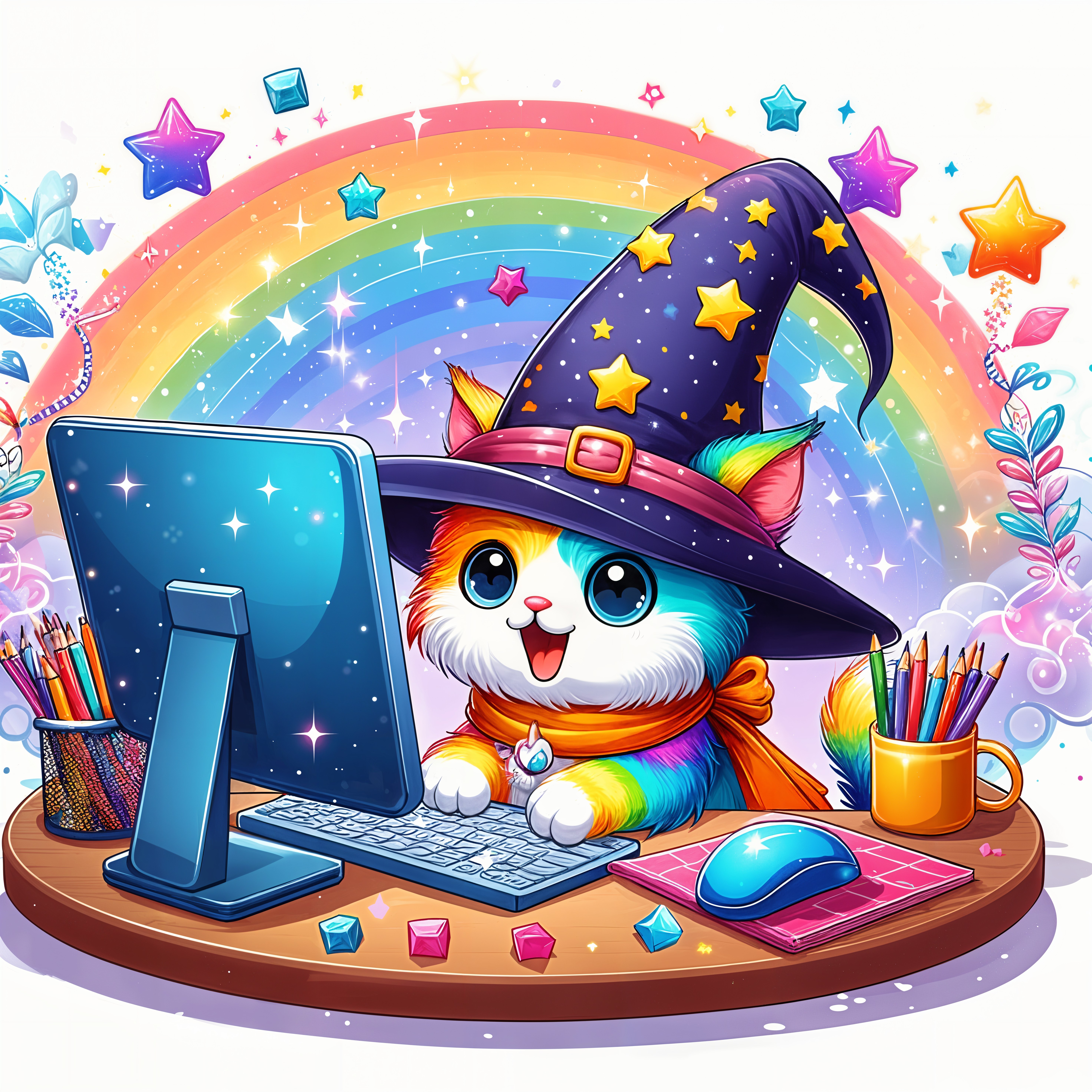 Colorful Cat in Wizard Hat at Creative Desk Scene