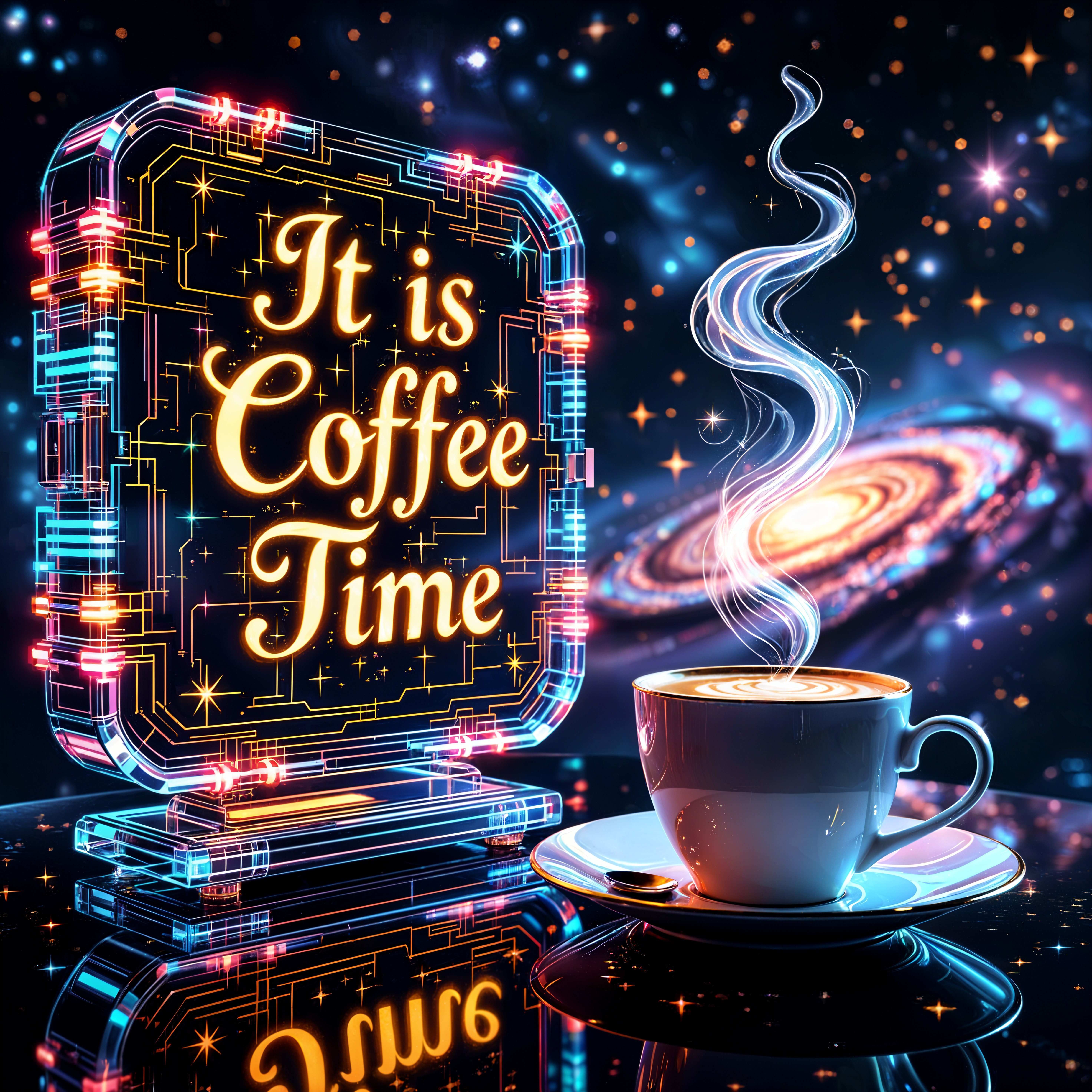 Coffee Time Sign with Cosmic Background and Coffee Cup