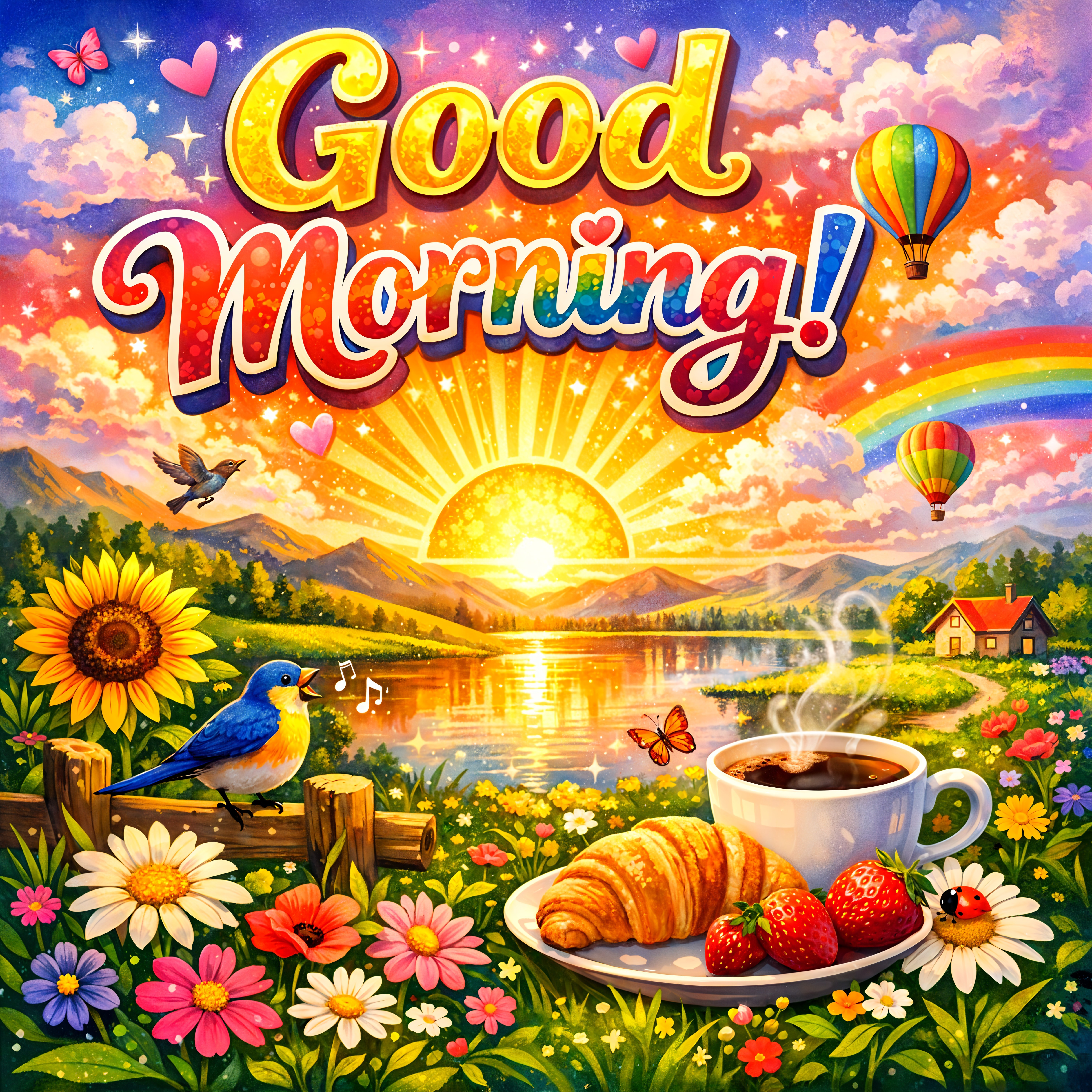 Vibrant Cartoon Morning Scene with Nature Elements
