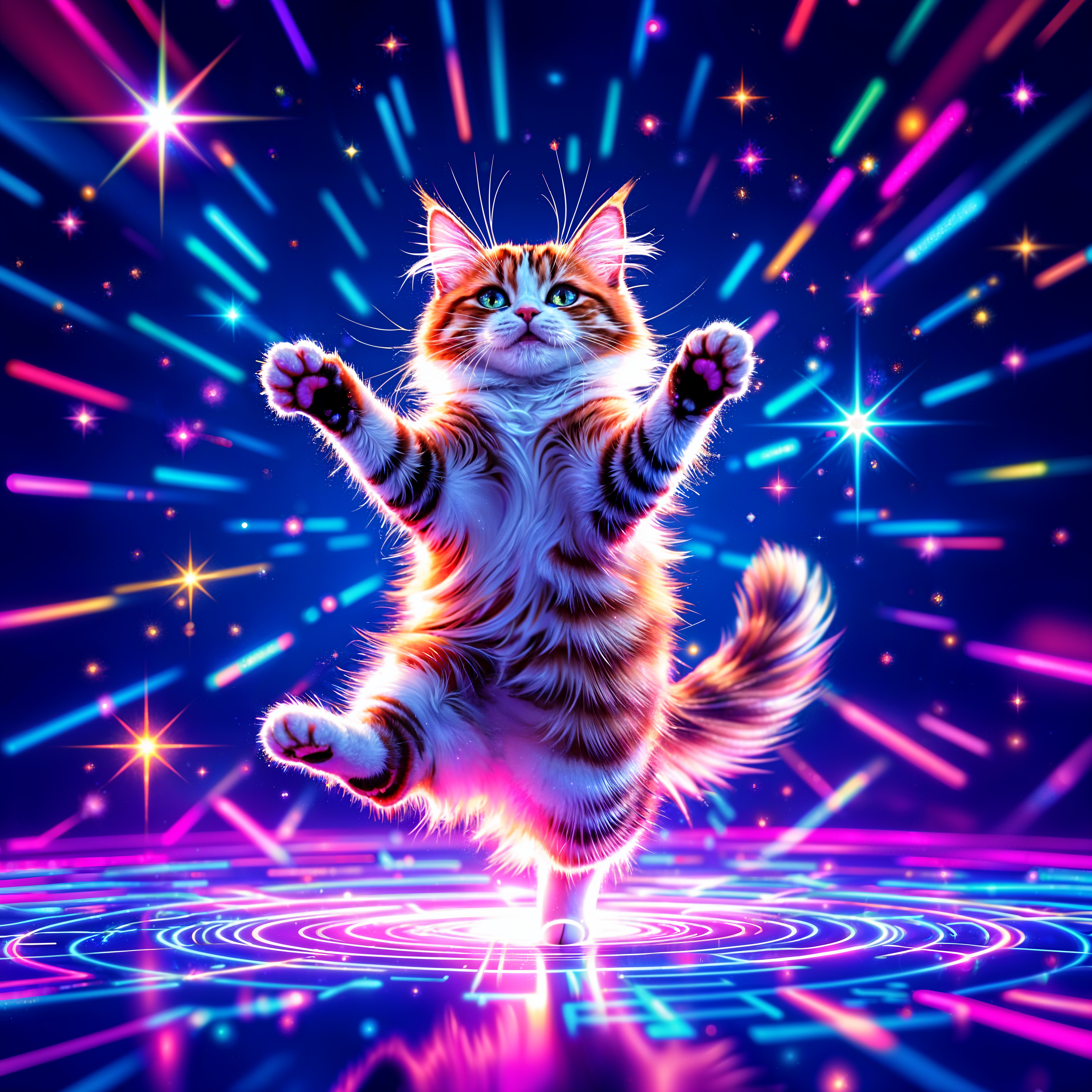 Colorful Cat Dancing in a Vibrant Starry Background