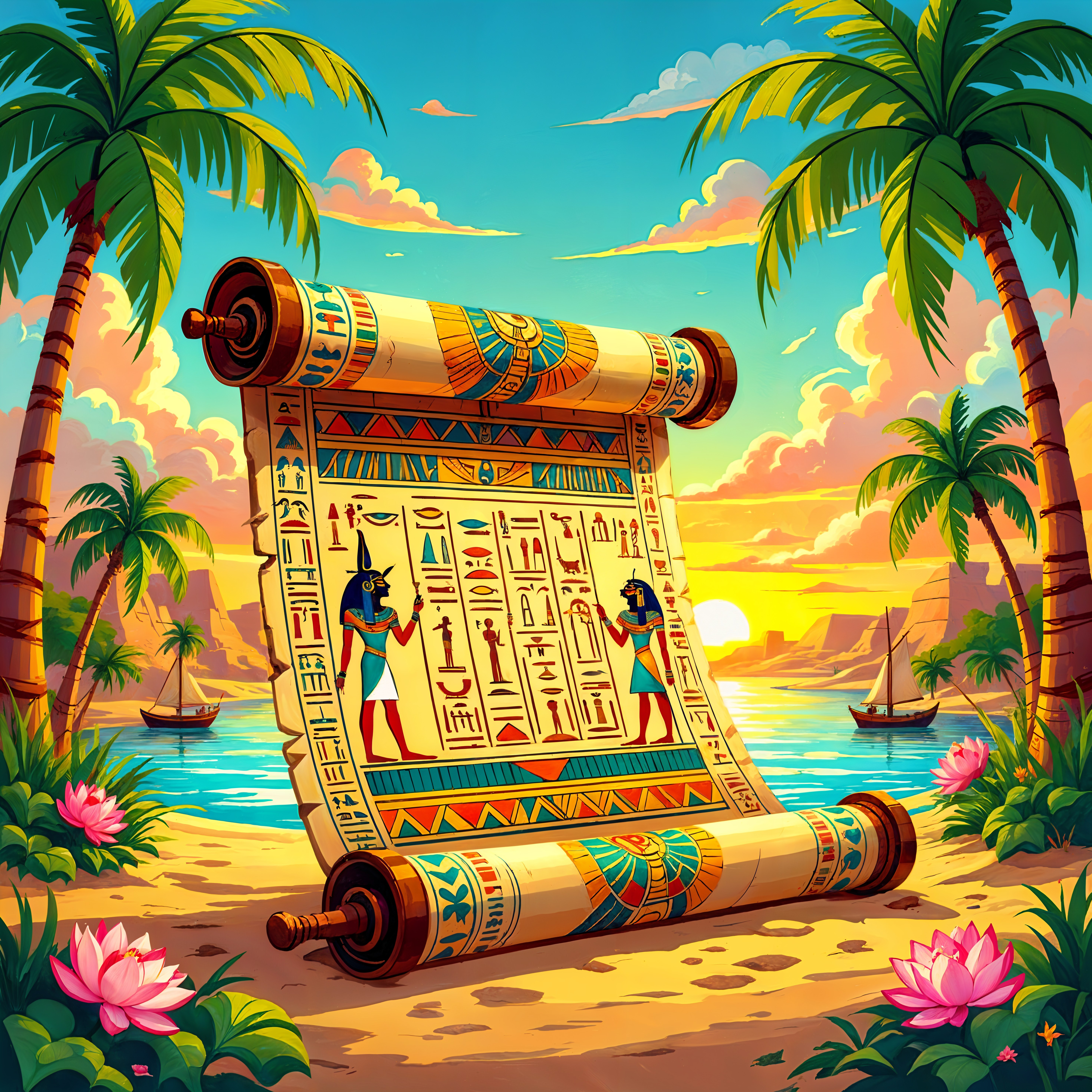 Ancient Scroll with Hieroglyphics on Tropical Beach