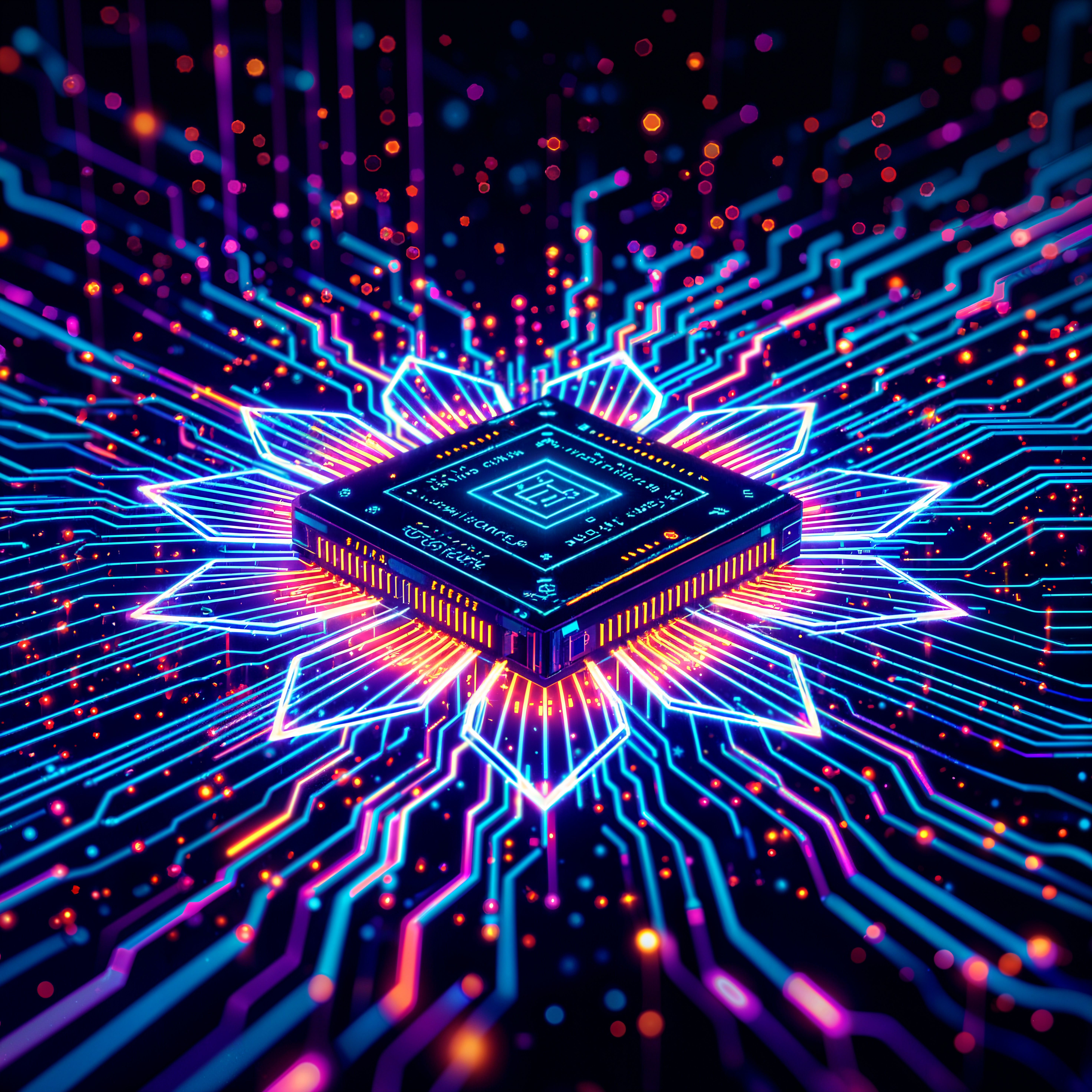 Vibrant Digital Microchip with Colorful Radiating Lines