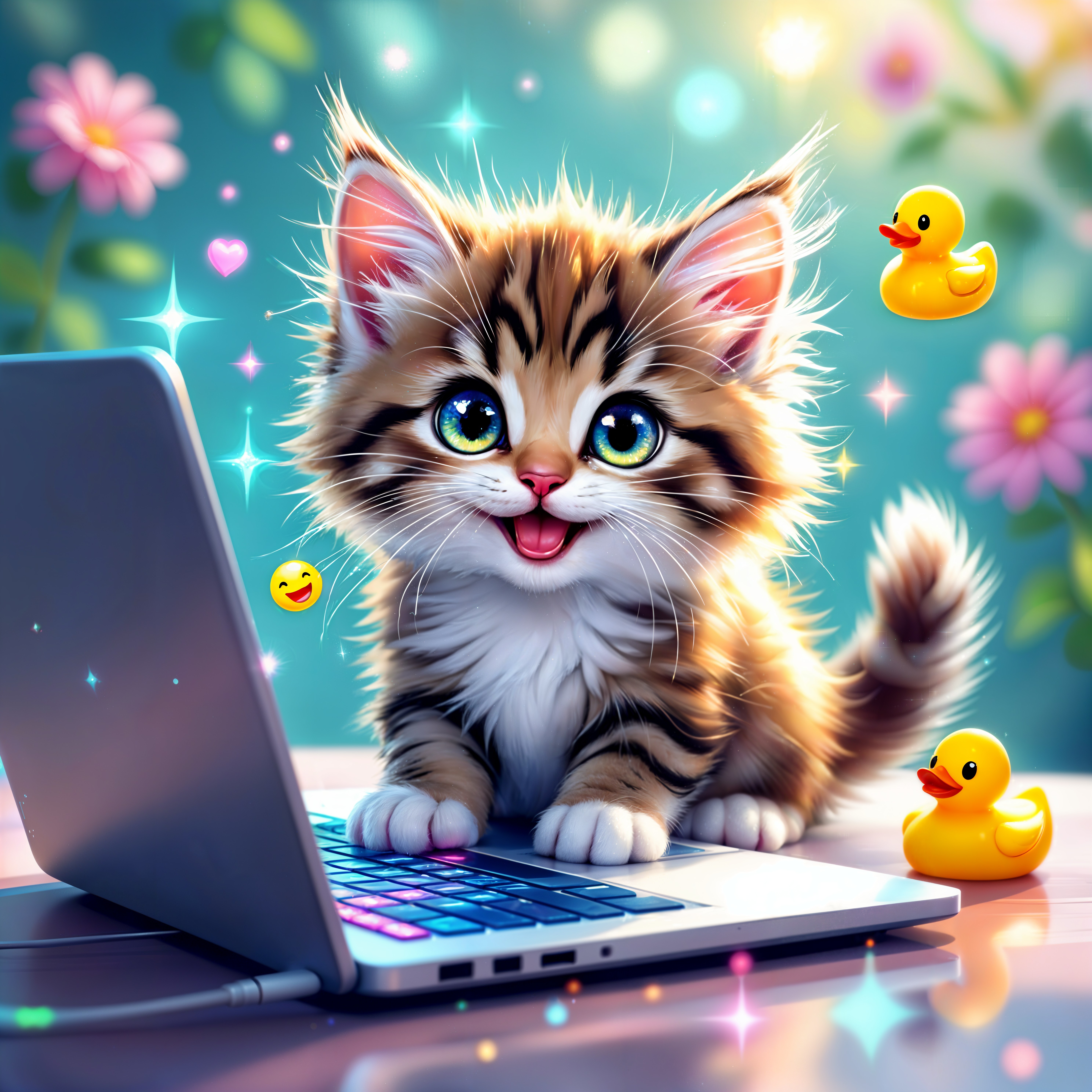 Fluffy Kitten Surrounded by Flowers and Duckies