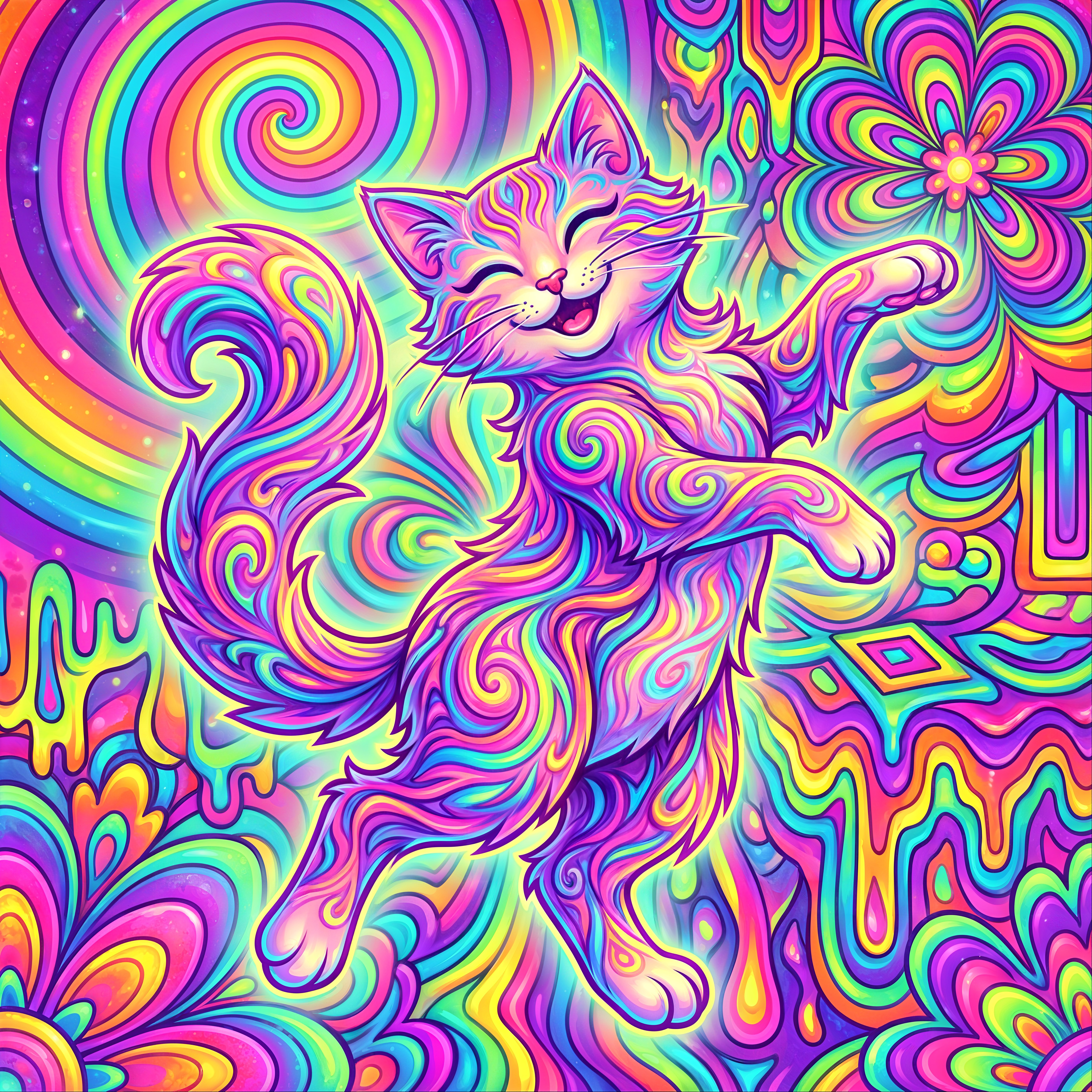 Psychedelic Cat in Vibrant Rainbow Floral Scene