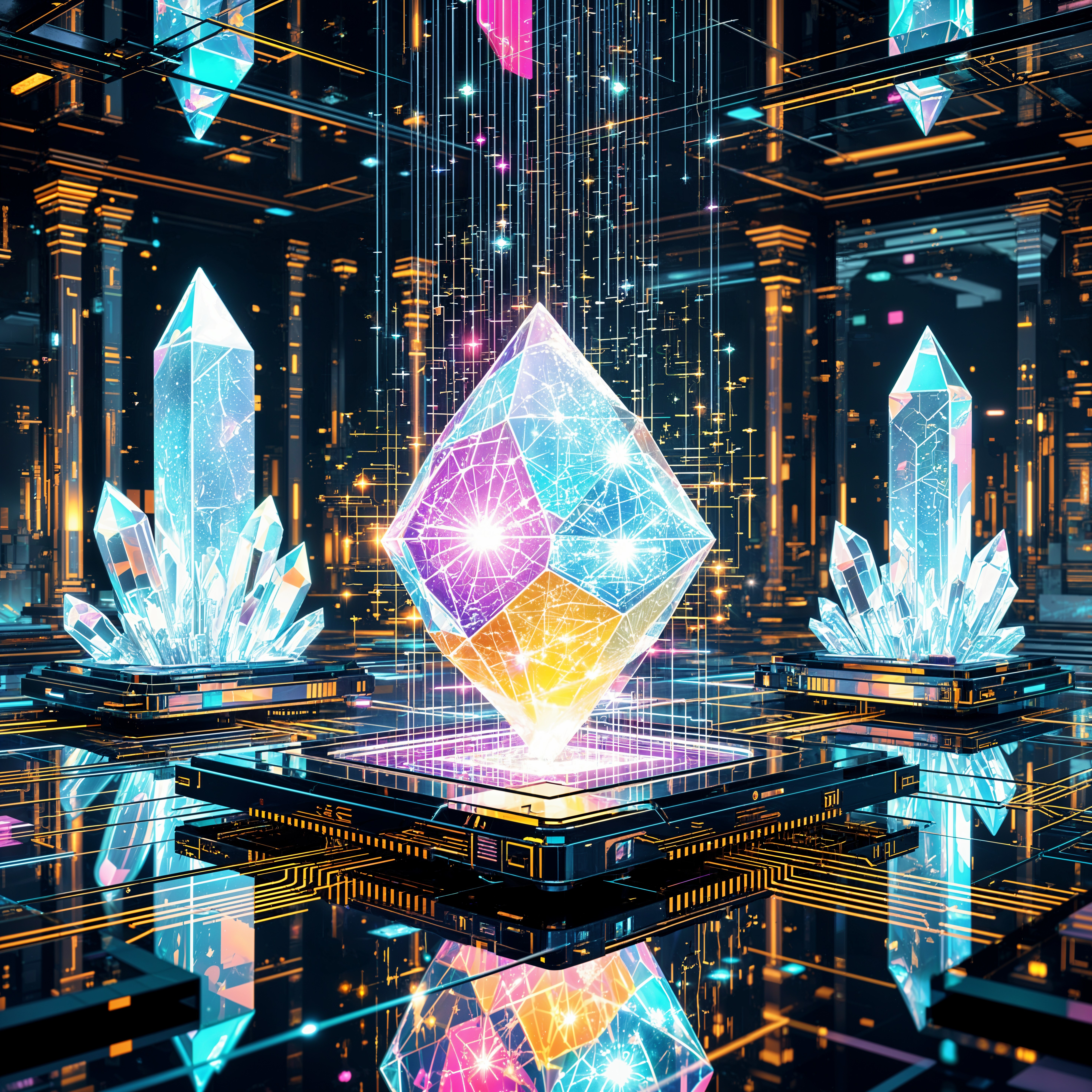 Futuristic Digital Landscape with Glowing Crystal