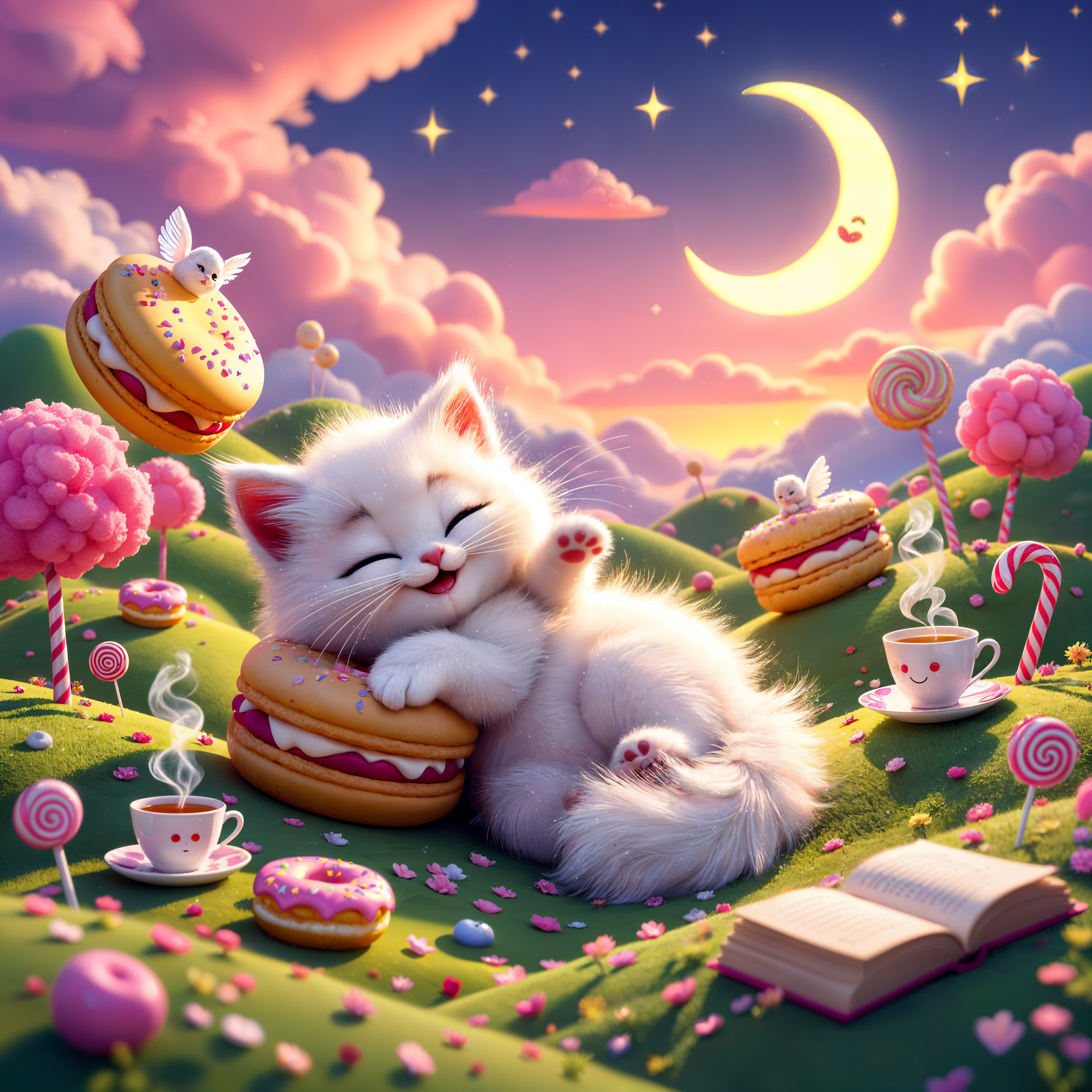 Whimsical Kitten with Giant Macaron in Sweet Landscape