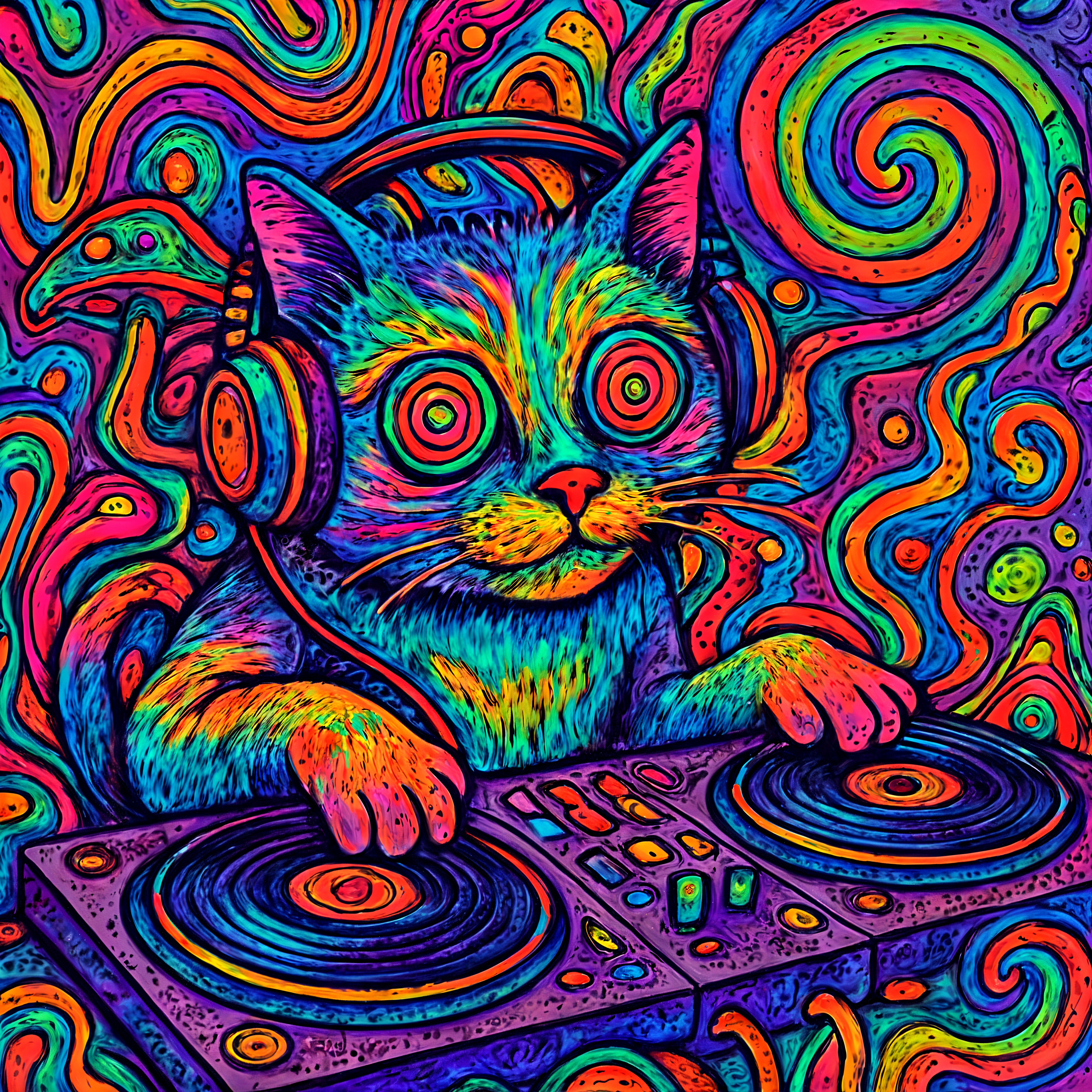 Psychedelic Cat Illustration with DJ Turntable Theme