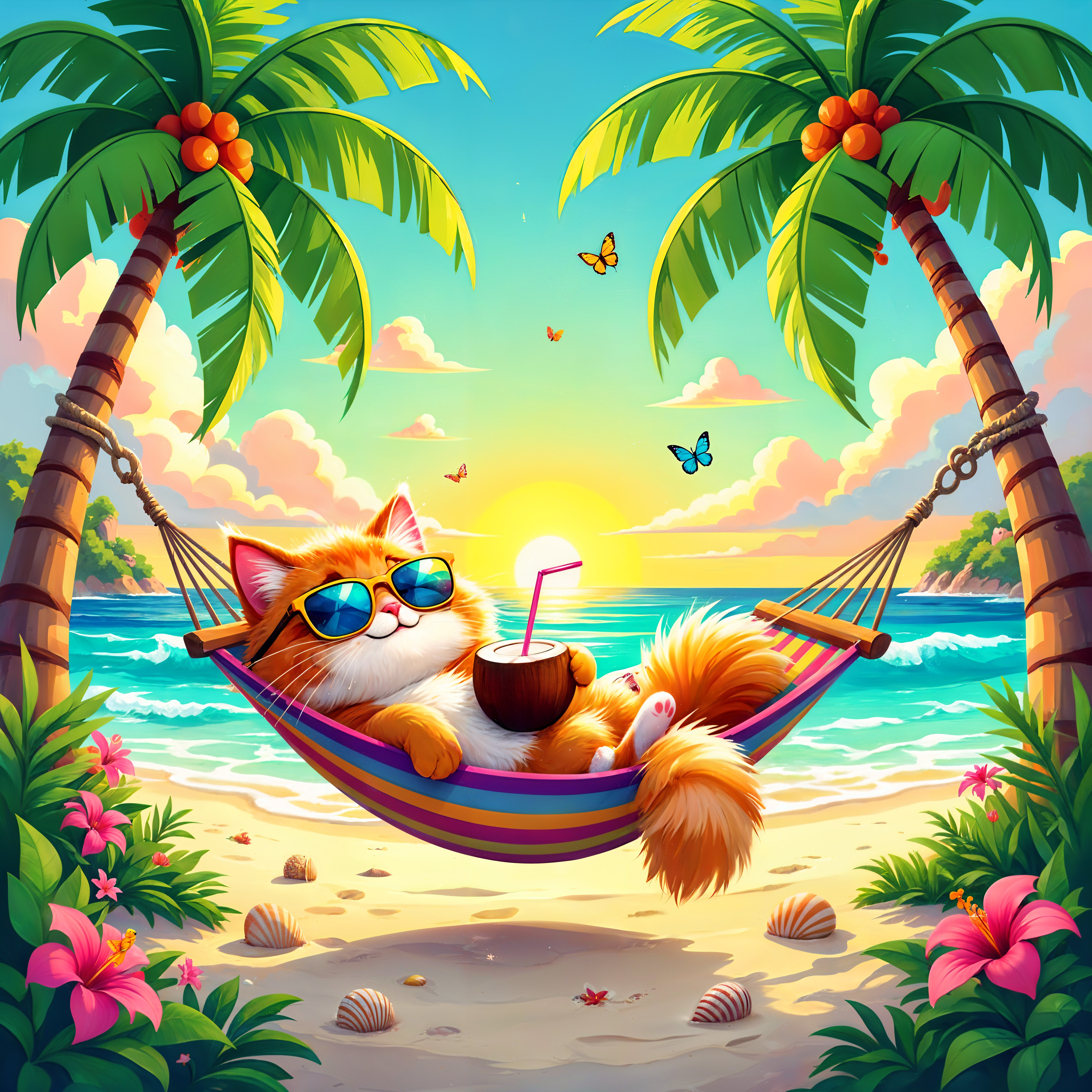 Fluffy Orange Cat in Hammock at Tropical Beach