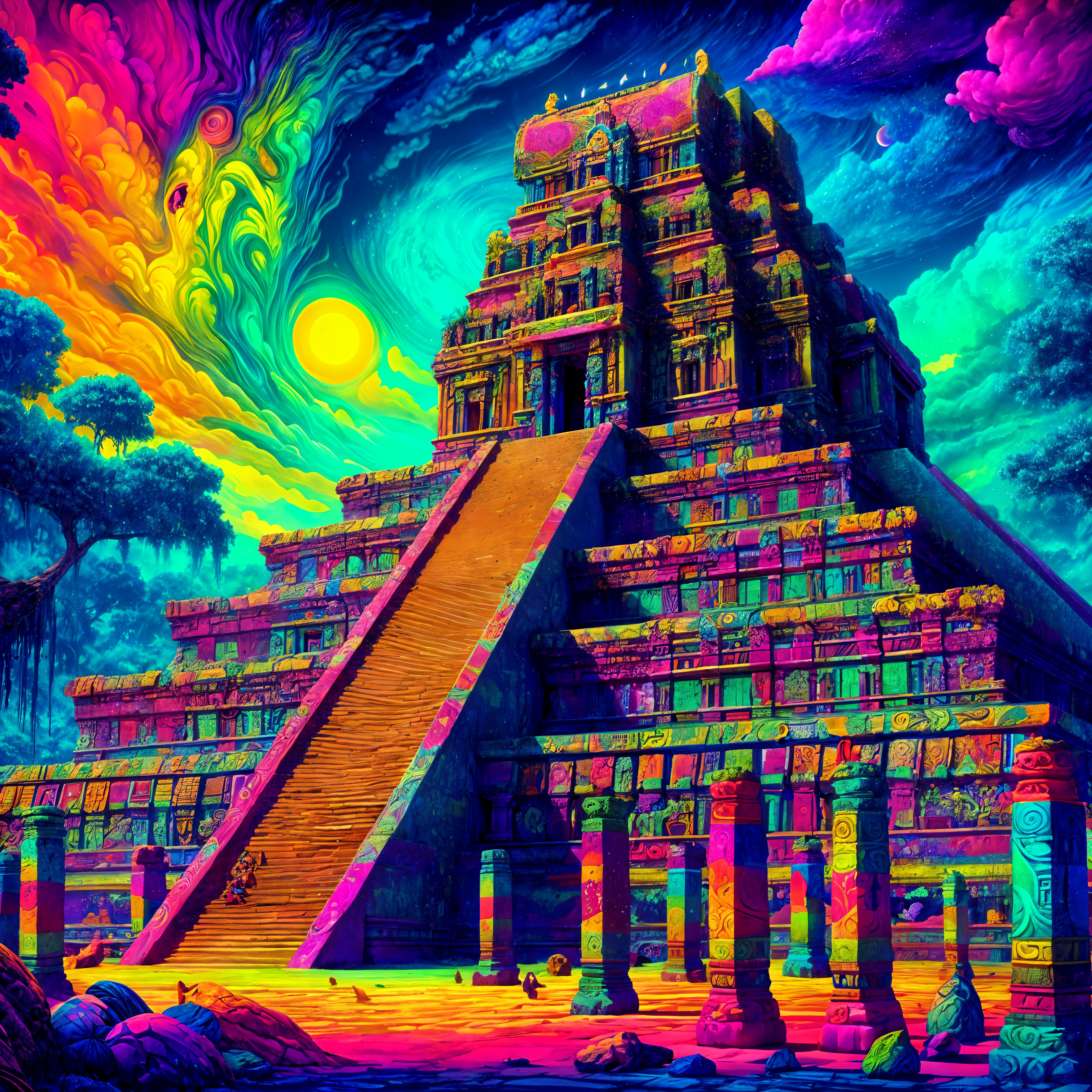 Psychedelic Temple in Surreal Landscape with Cosmos