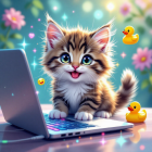 Fluffy Kitten Surrounded by Flowers and Duckies