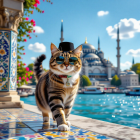 Stylish Cat by Scenic Waterfront with Mosque Backdrop