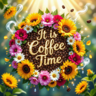 Circular Floral Arrangement with Coffee Time Text