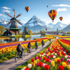 Vibrant Tulip Fields with Mountains and Hot Air Balloons