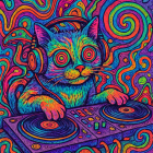 Psychedelic Cat Illustration with DJ Turntable Theme