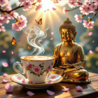 Golden Buddha and Floral Teacup in Tranquil Setting