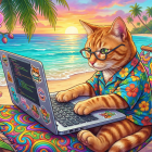 Orange Tabby Cat in Hawaiian Shirt on Psychedelic Hammock