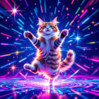 Colorful Cat Dancing in a Vibrant Starry Background