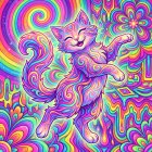 Psychedelic Cat in Vibrant Rainbow Floral Scene