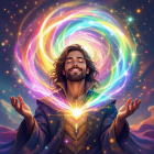 Charismatic Figure in Cosmic Backdrop with Vibrant Light