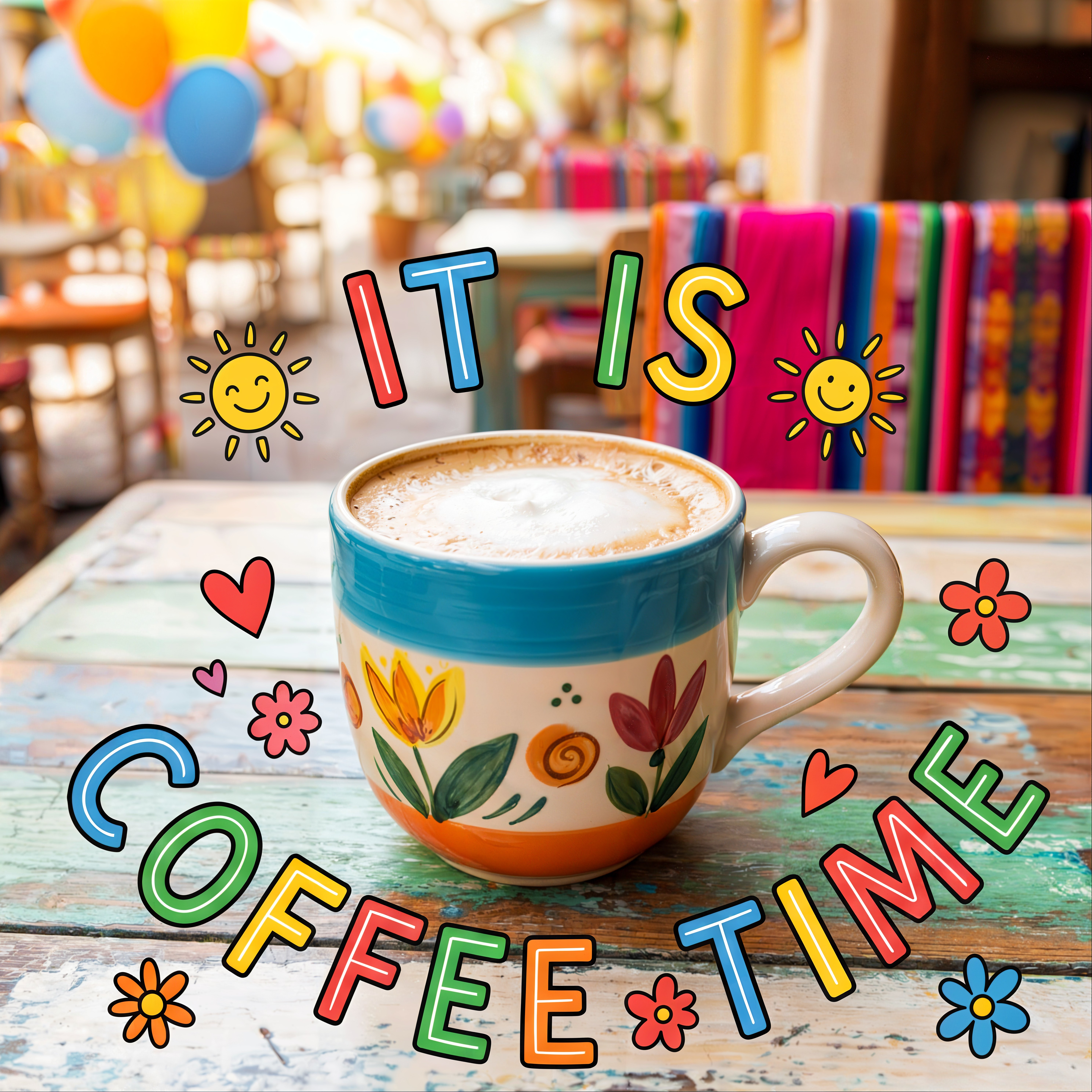 Decorative Coffee Mug with Frothy Coffee and Balloons