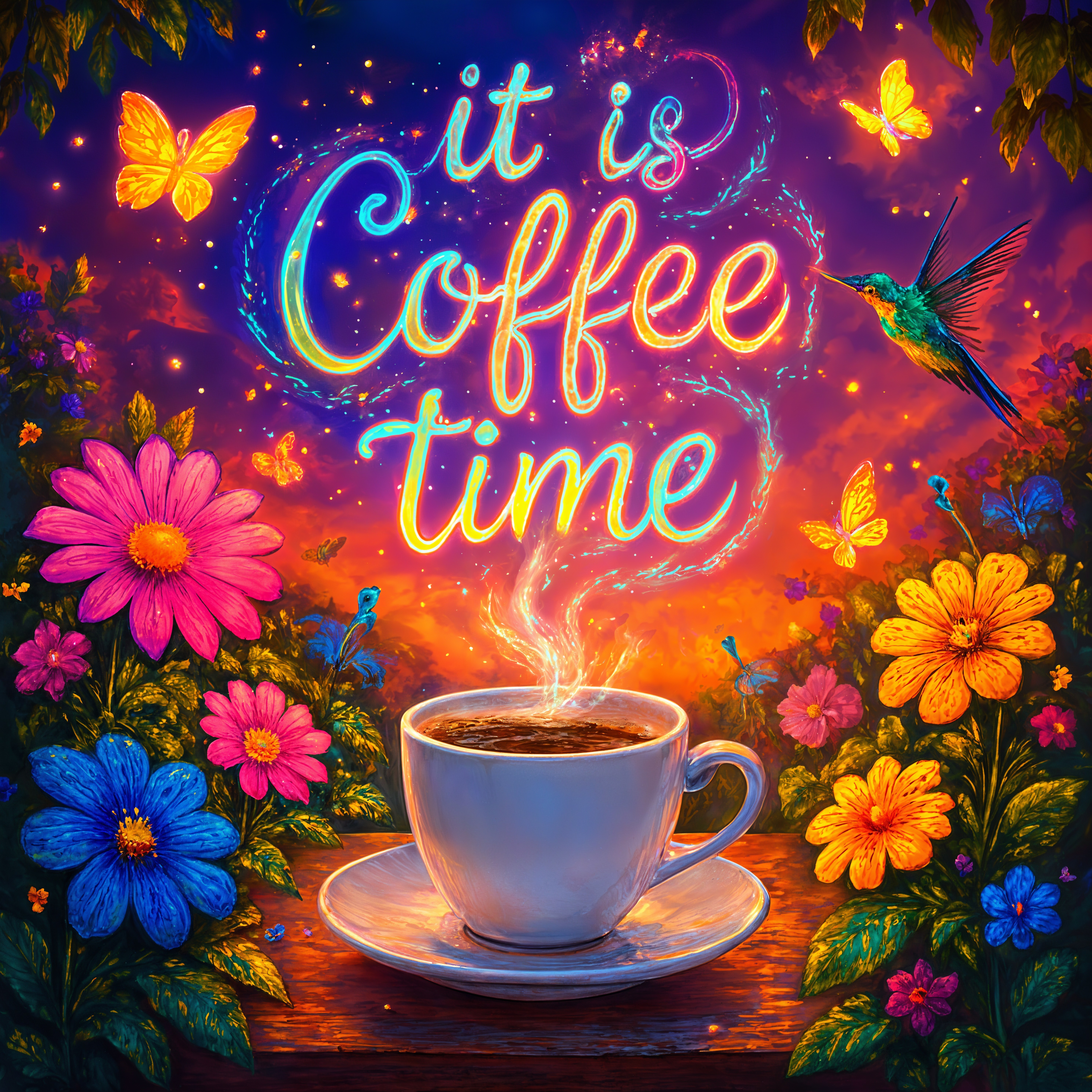 Vibrant Coffee Scene with Flowers and Sunset Background