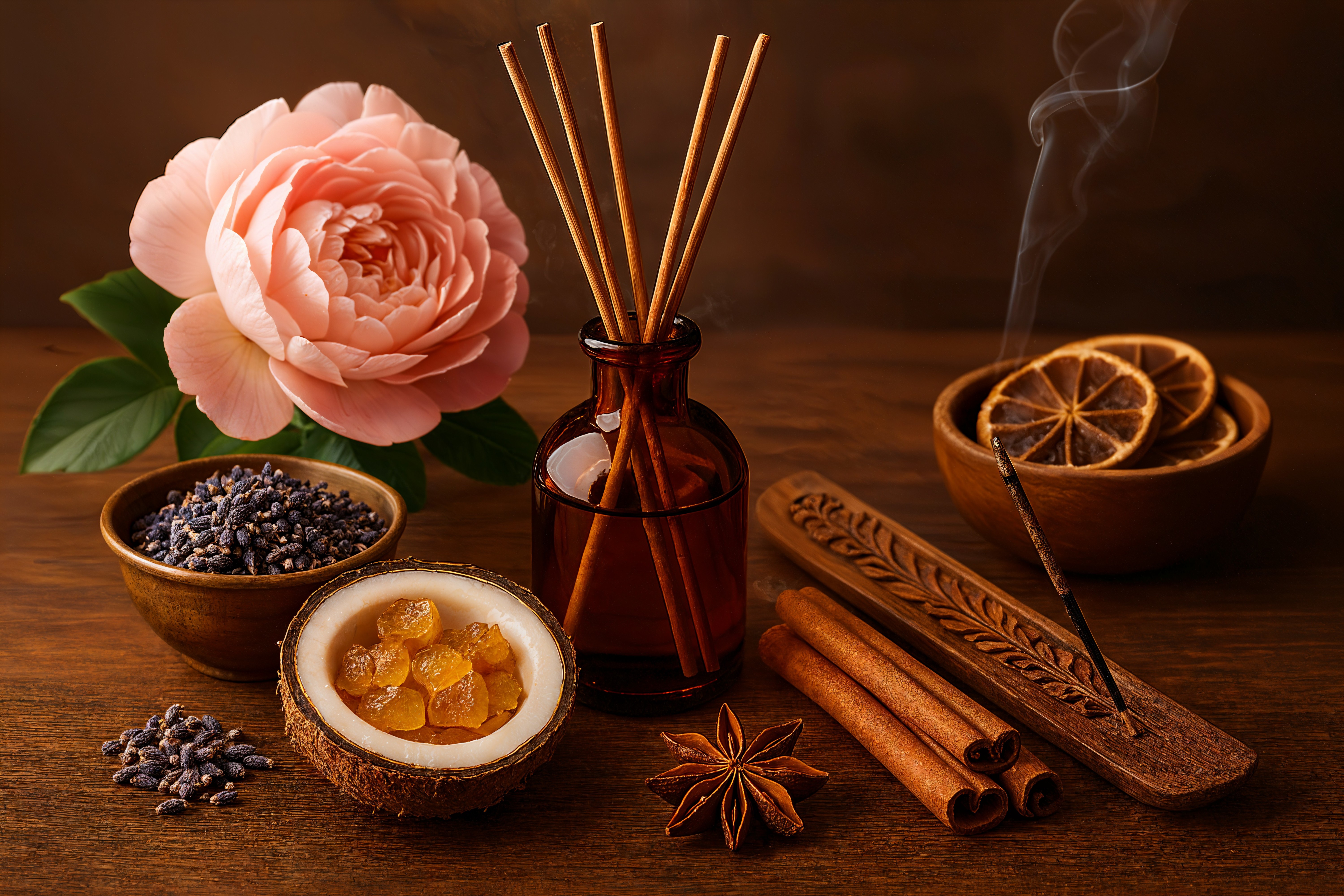 Amber Glass Bottle with Incense and Floral Arrangement