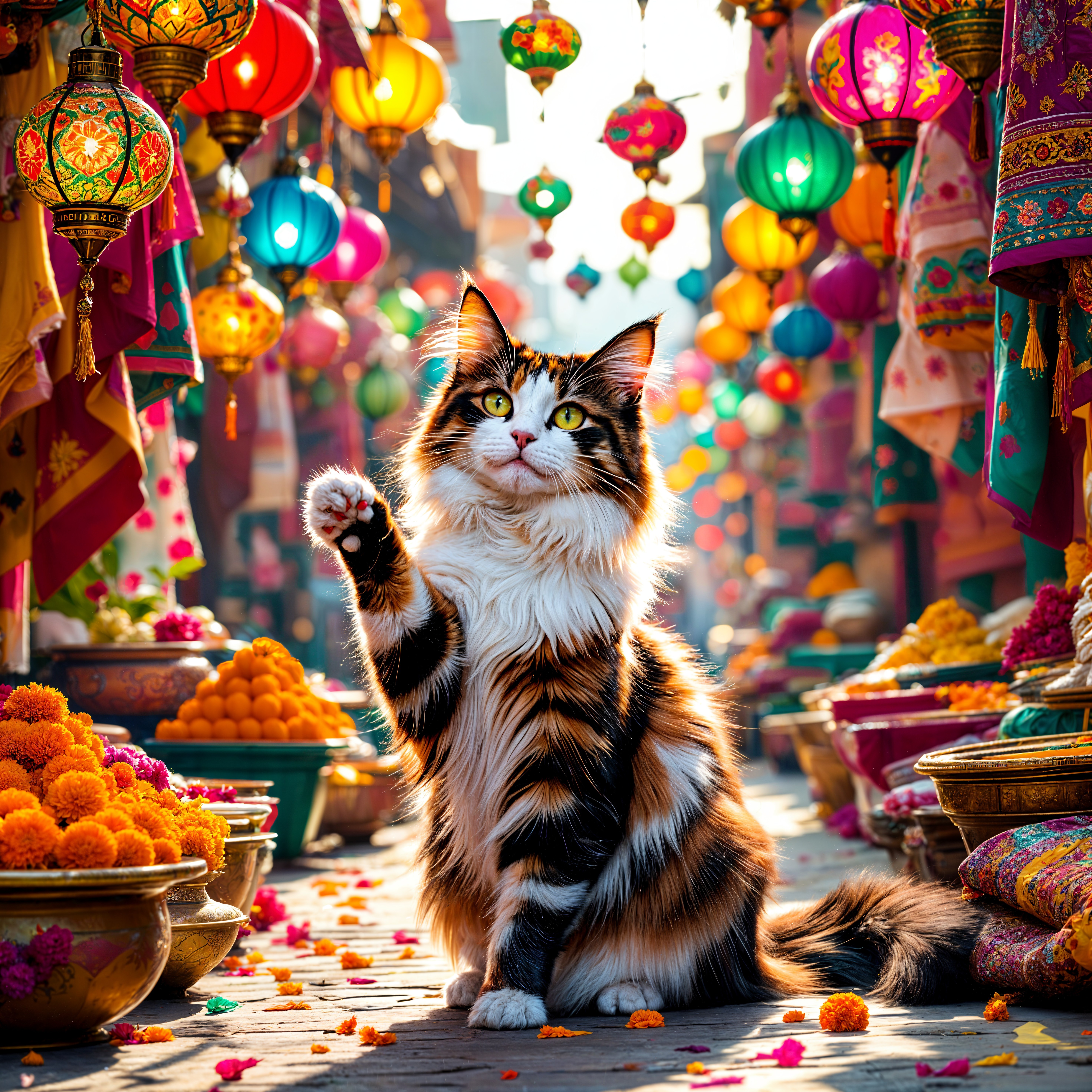 Calico Cat in a Colorful Market Setting