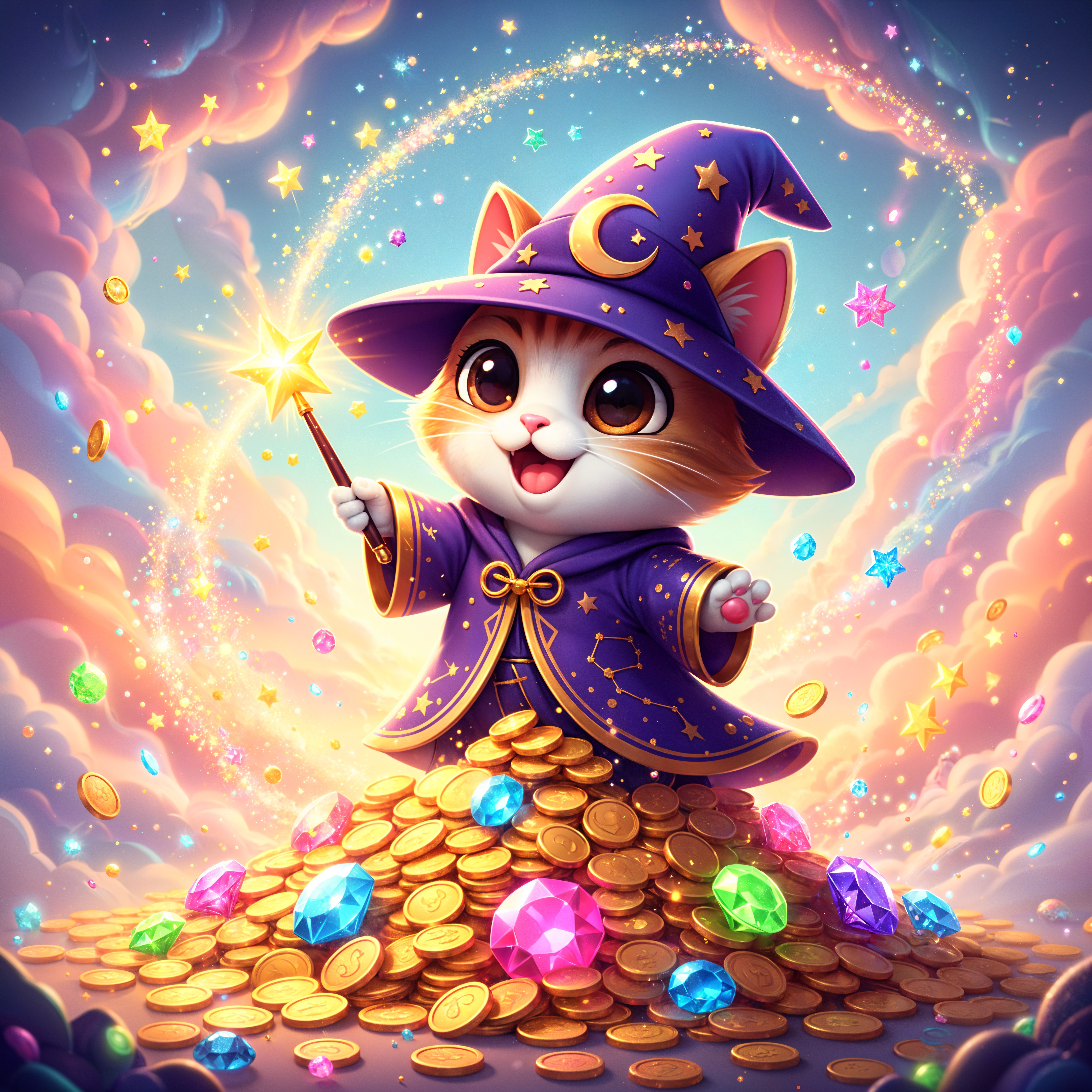 Cartoon Cat in Wizard Hat on Gold Coins and Gems
