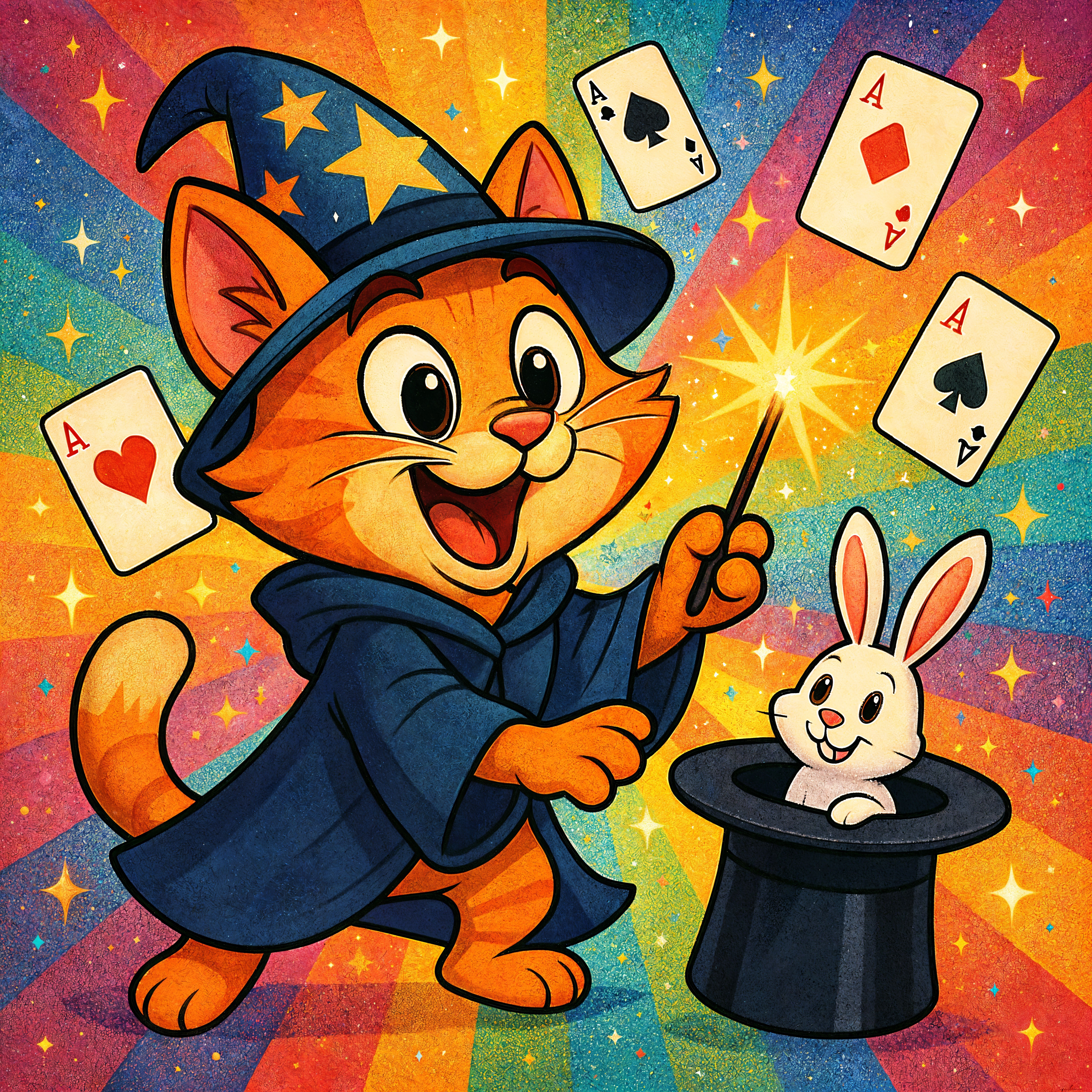 Cheerful Orange Cat in Wizard Hat Performs Magic