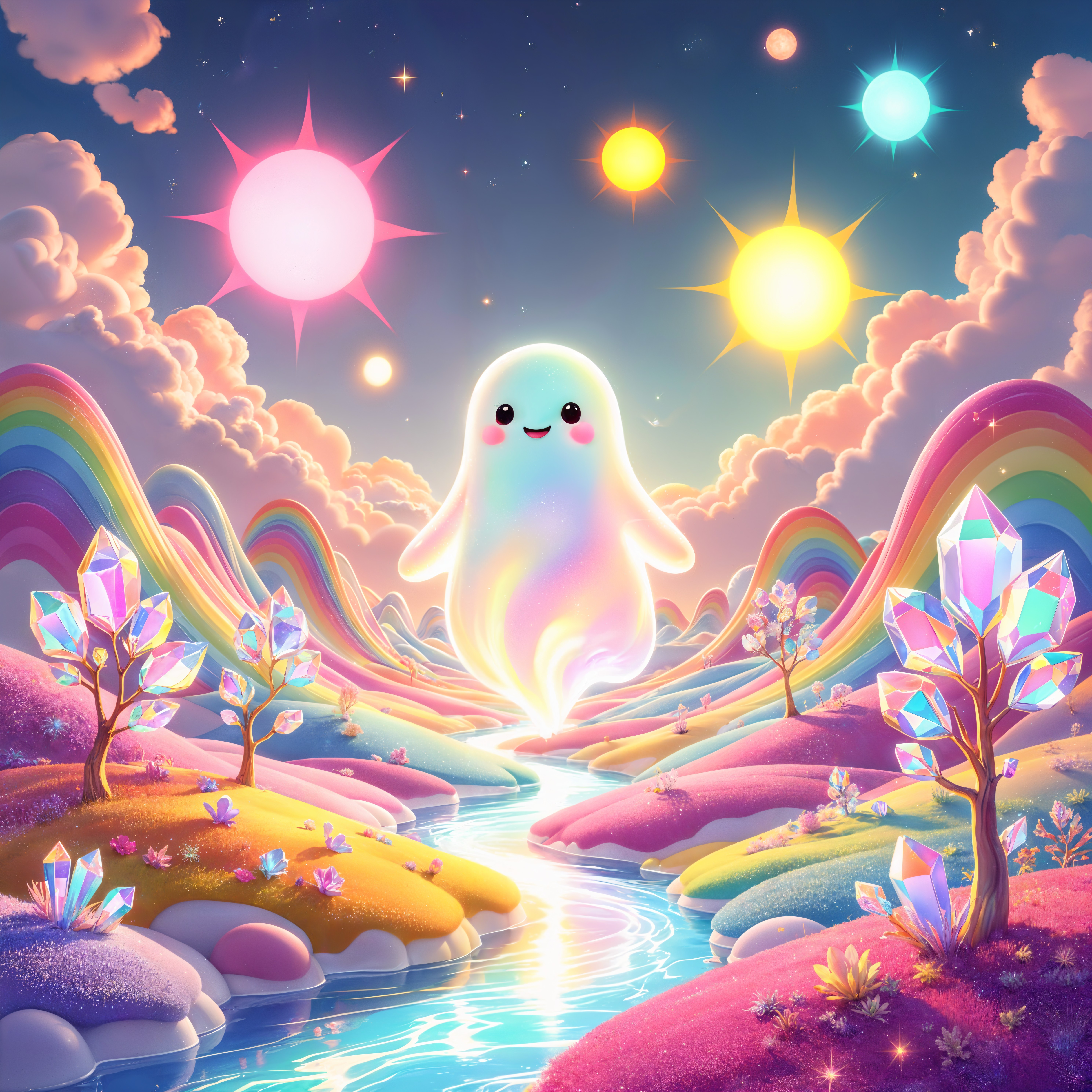 Whimsical Landscape with Cheerful Translucent Ghost