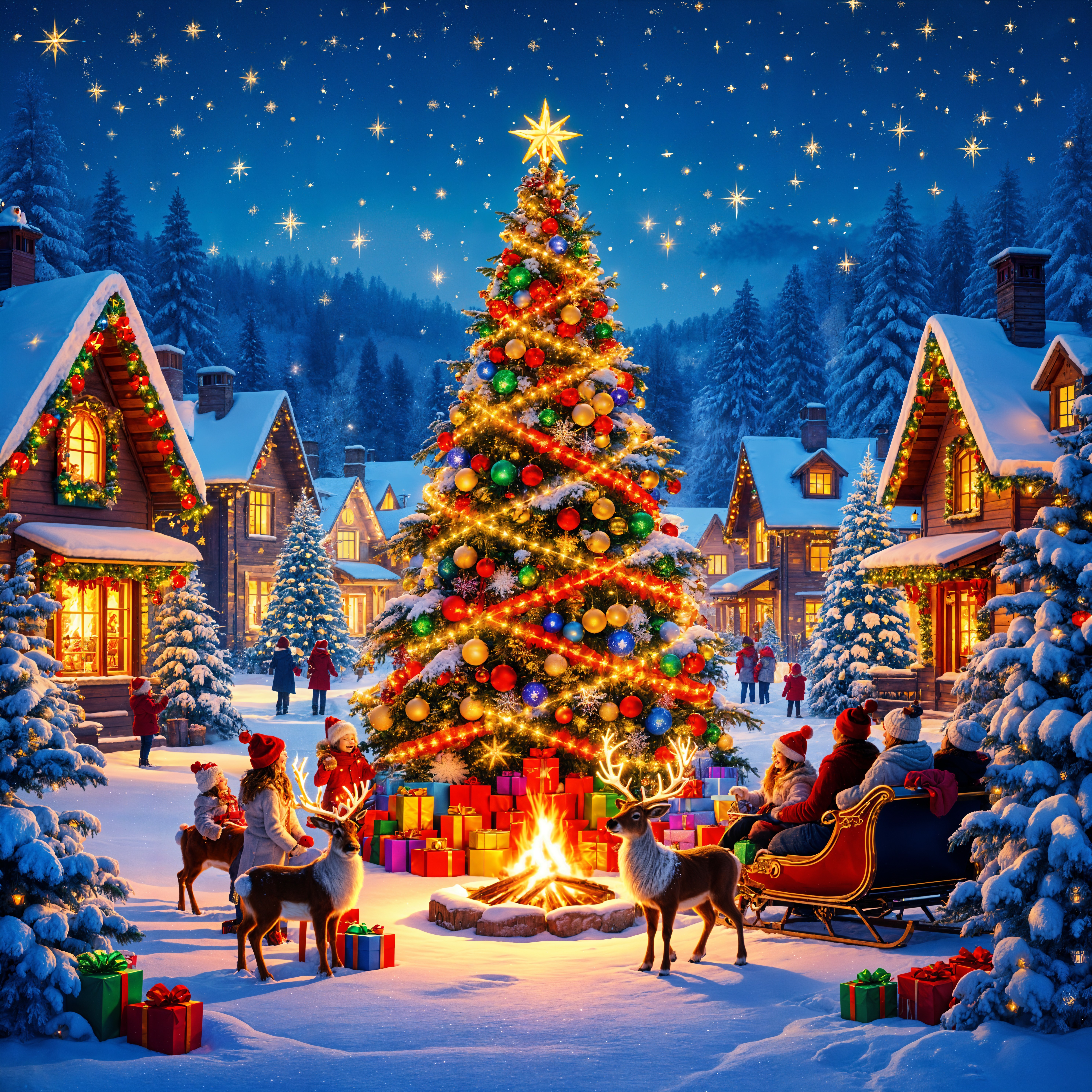 Winter Scene with Decorated Christmas Tree and Cottages