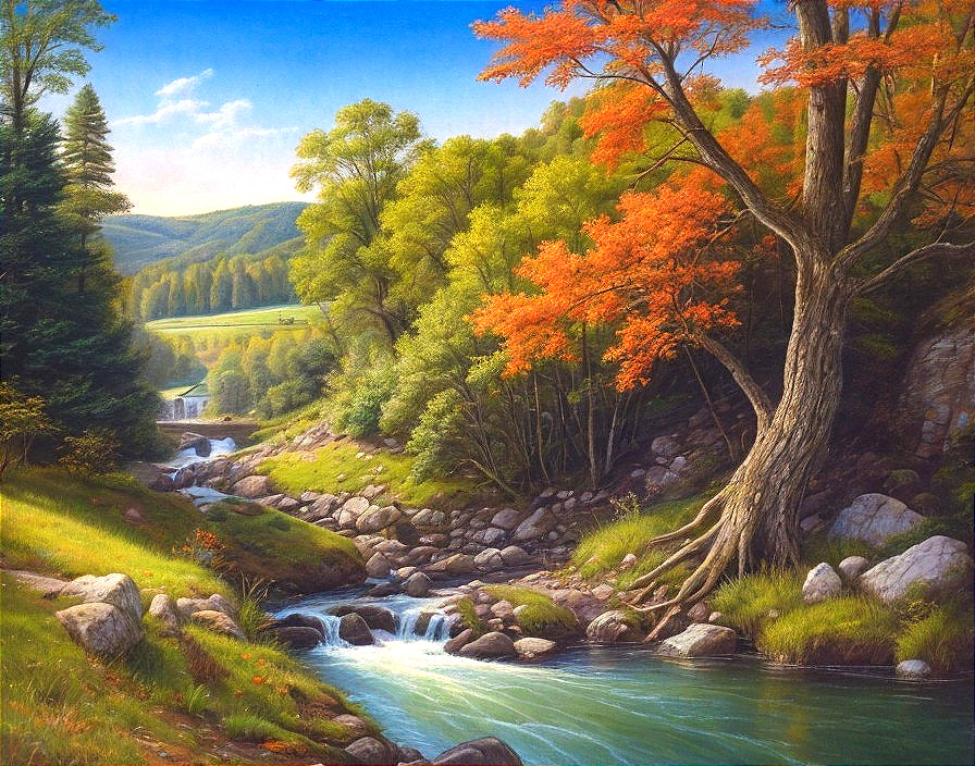 Serene River Landscape with Autumn Foliage and Hills