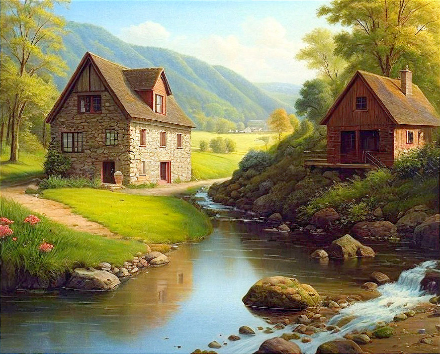Charming Houses by a Gentle Stream in Serene Landscape