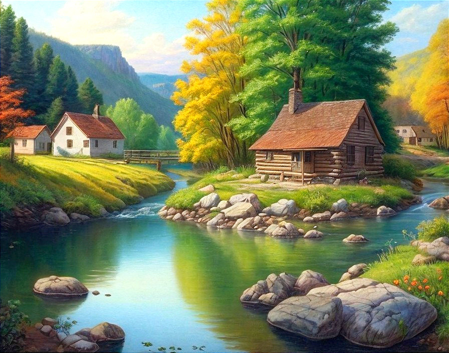 Tranquil River Landscape with Rustic Houses and Autumn Foliage