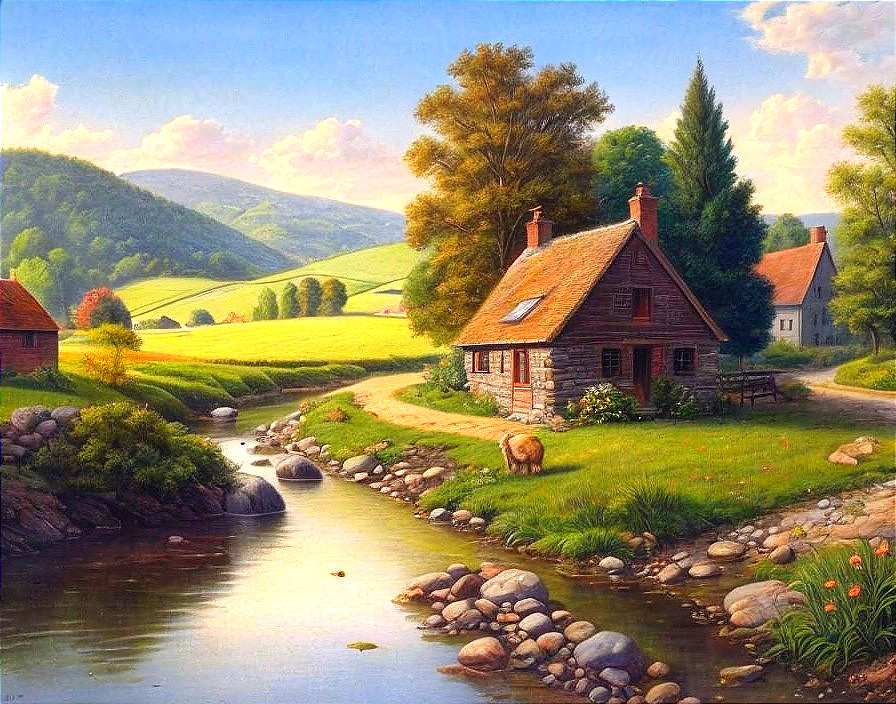 Serene Countryside Scene with Cottage and Stream