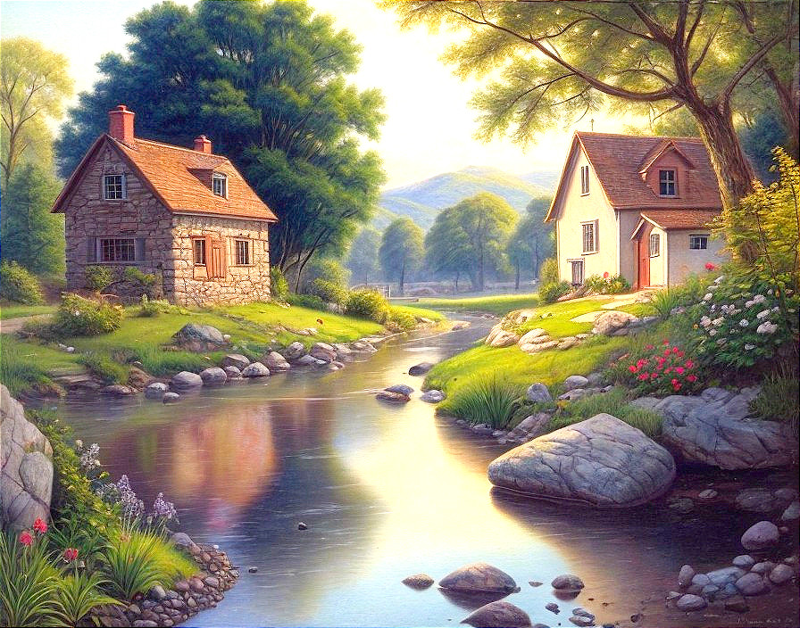 Charming Houses by a Serene River Landscape