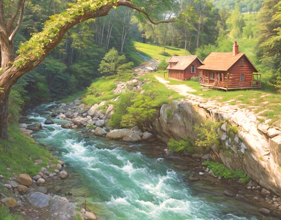 Wooden Cabin by River in Serene Green Landscape