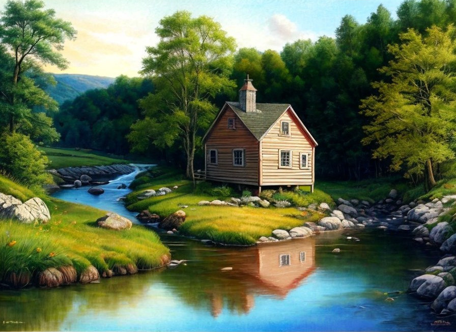 Charming Wooden House by a Serene Stream in Nature