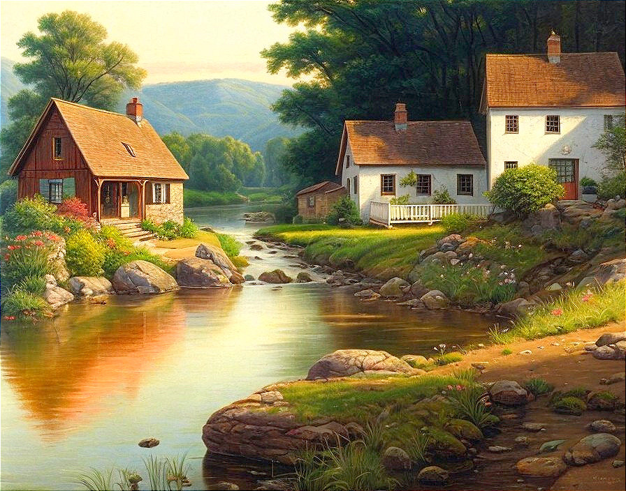 Serene Landscape with Cottages by a Gentle River