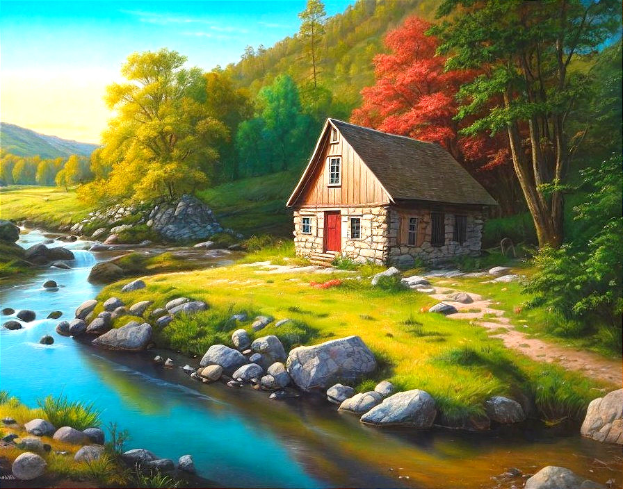 Stone Cottage by Serene River in Autumn Landscape