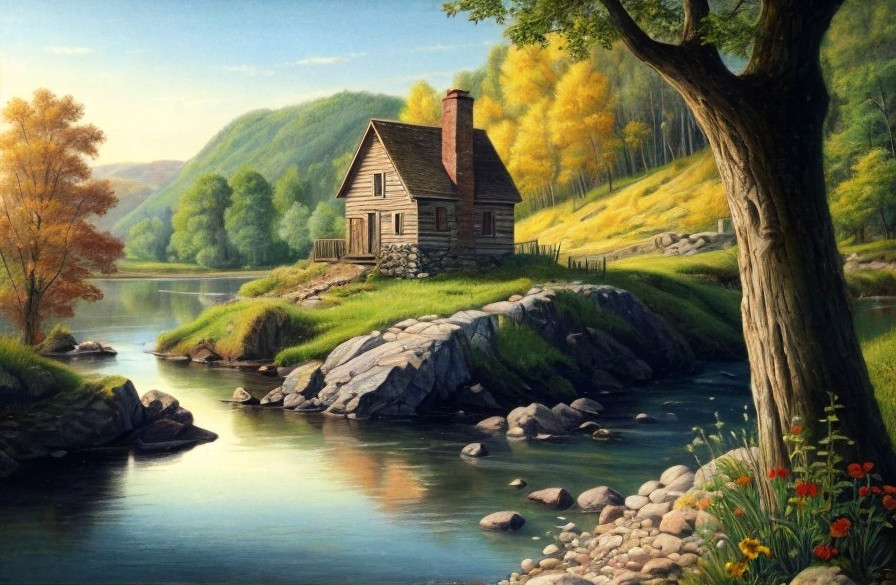 Serene Landscape with Cabin by Shimmering River