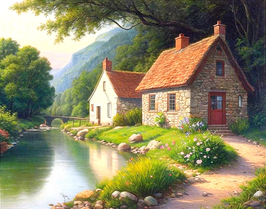 Serene Landscape with Cottages by a Calm River