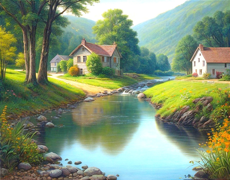 Tranquil River and Lush Greenery in Serene Landscape