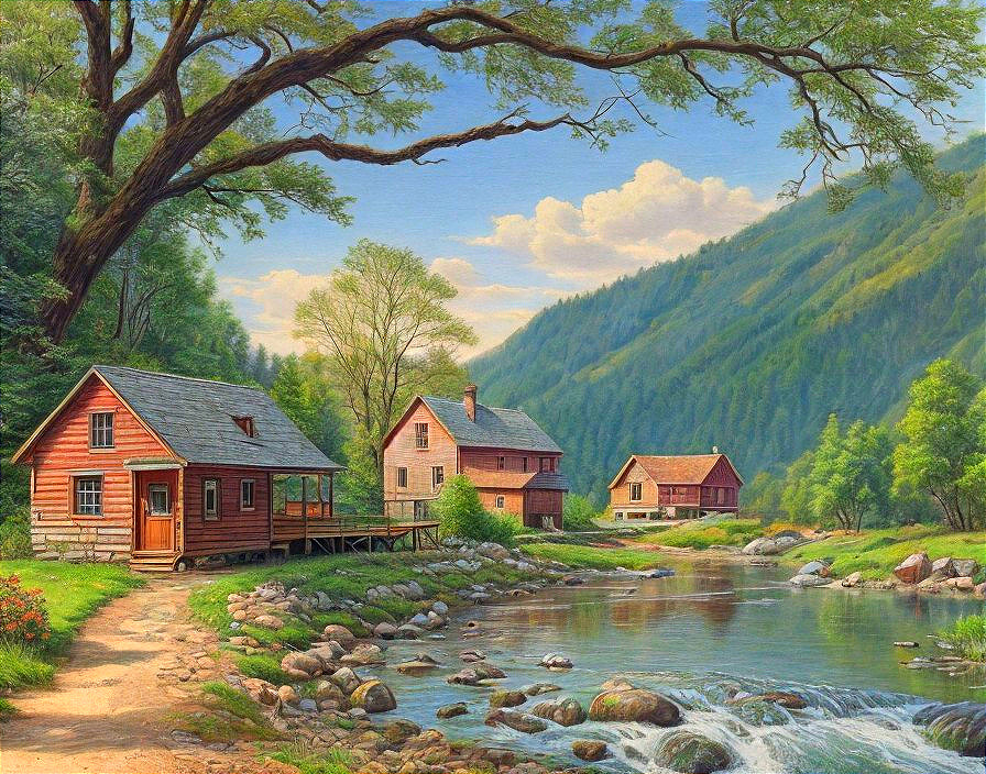 Tranquil Countryside Landscape with Cottages and River